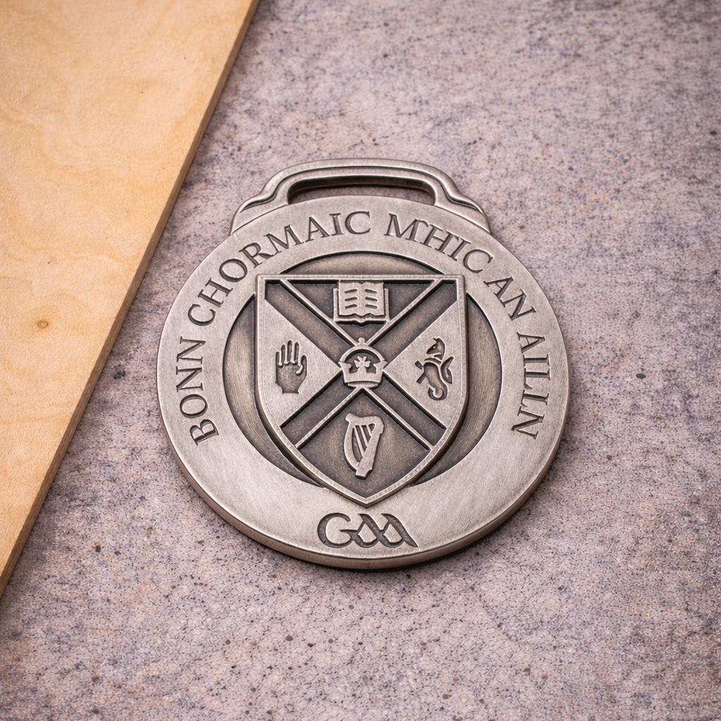 A silver medal with a shield emblem and engraved text that reads "BORN CHO MÁIC MHIC AN MHUILIN." The shield has various symbols, including a book, a hand, a lion, and a harp, and is decorated with a crown and a Celtic knot at the bottom.