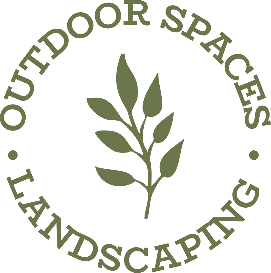 Logo for Outdoor Spaces Landscaping featuring a green branch with leaves surrounded by the company name in a circular pattern.
