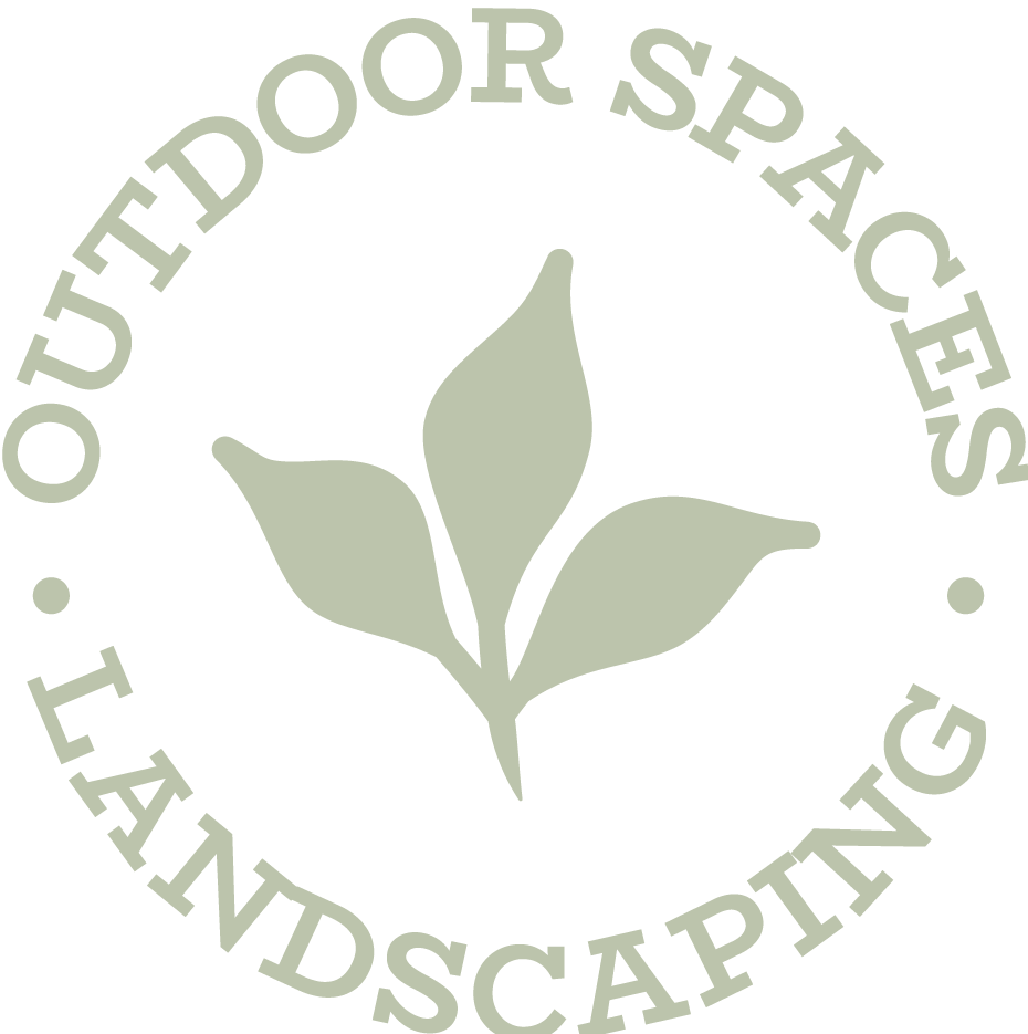 Outdoor spaces logo featuring a stylized plant with three leaves, encircled by the words "OUTDOOR SPACES LANDSCAPING" in a circular arrangement.