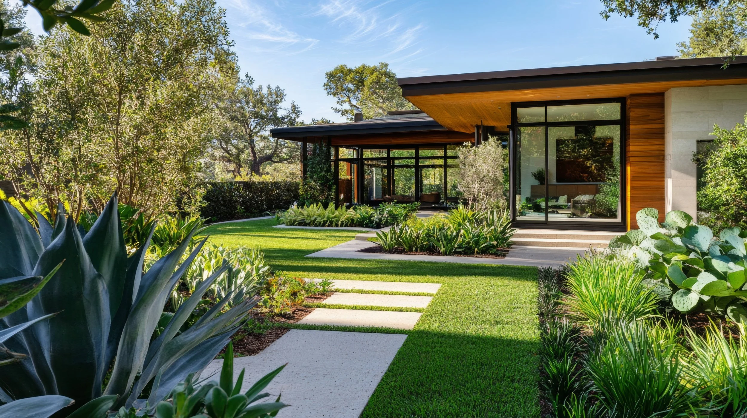 View of a modern house with large glass windows, surrounded by lush greenery and a neatly manicured lawn, with a stone pathway leading to the entrance.