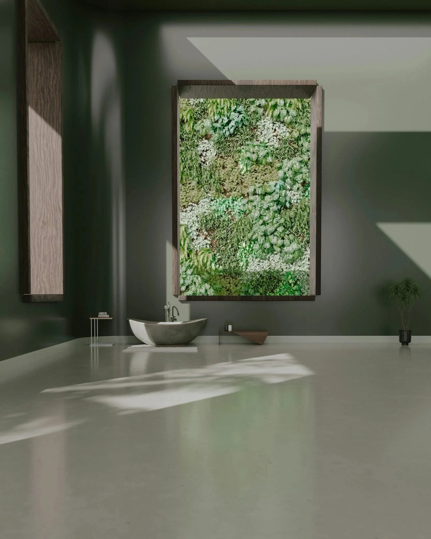 Modern bathroom with a large green wall mural of jungle foliage, a white freestanding bathtub, a small wooden table, and minimal decor.