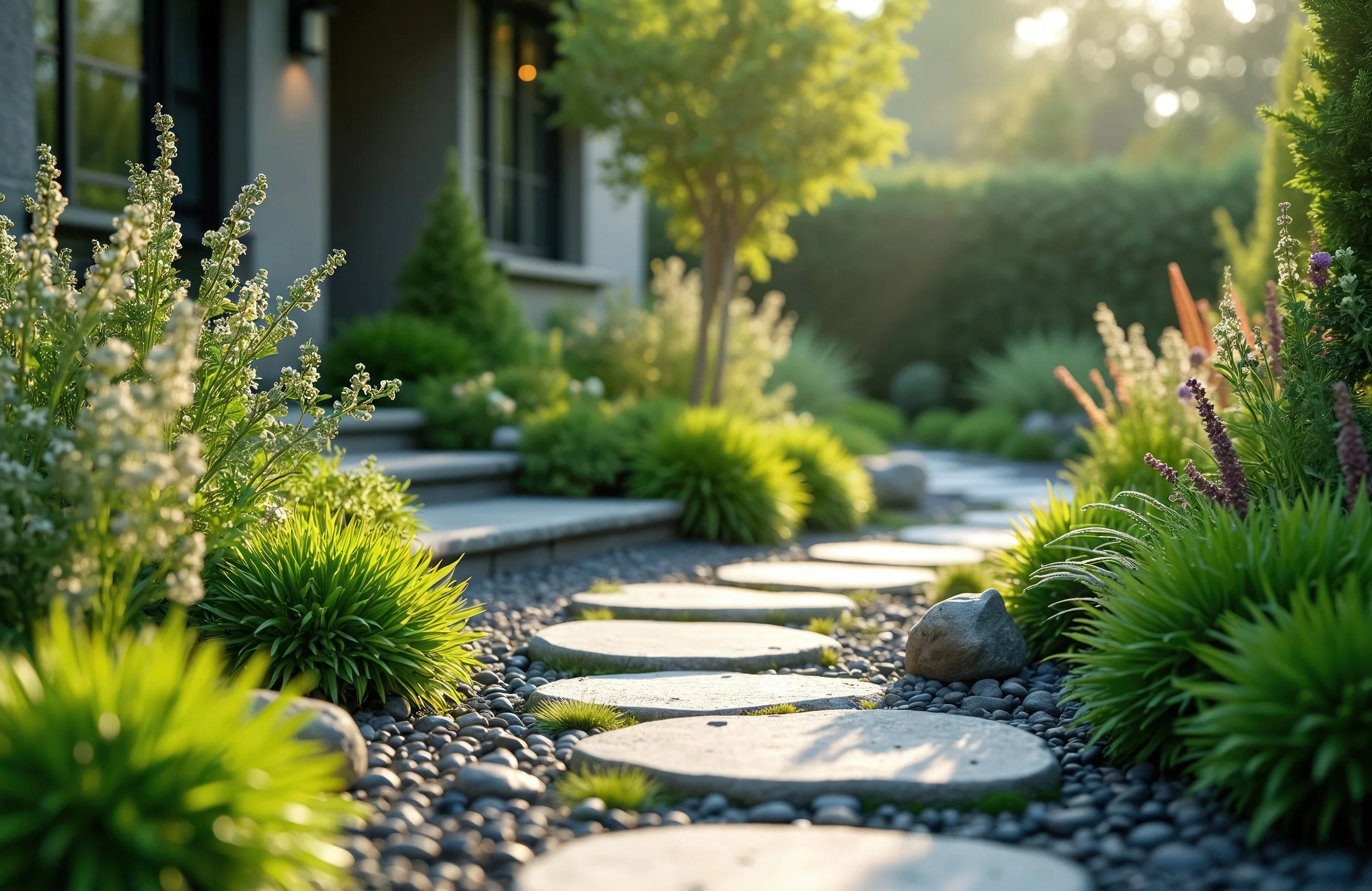 Stone pathway leading up to a house with well-maintained garden and lush greenery, in warm sunlight