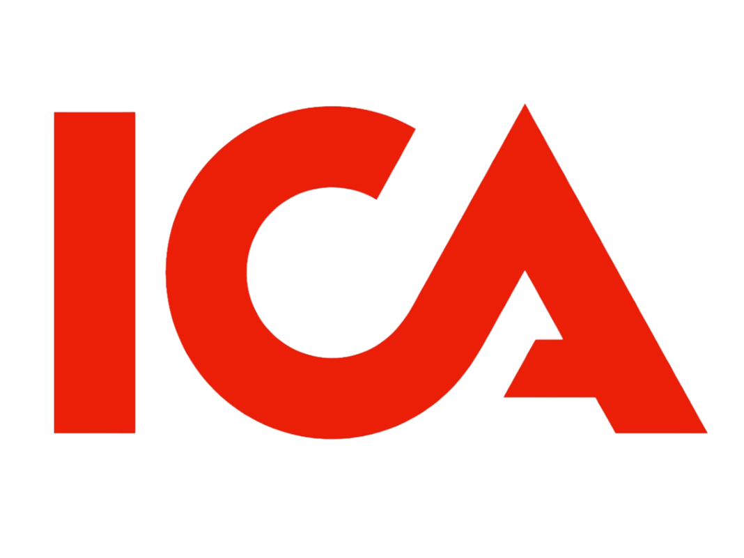 Logotyp för ICA med stor röd ICA-tekst pÄ svart bakgrund.
