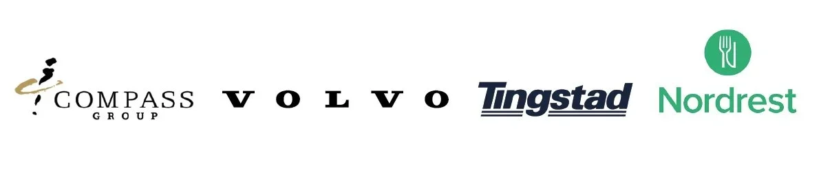 Logotyper för Compass Group, Volvo, Ingtstad, och Nordrest pÄ en vit bakgrund.