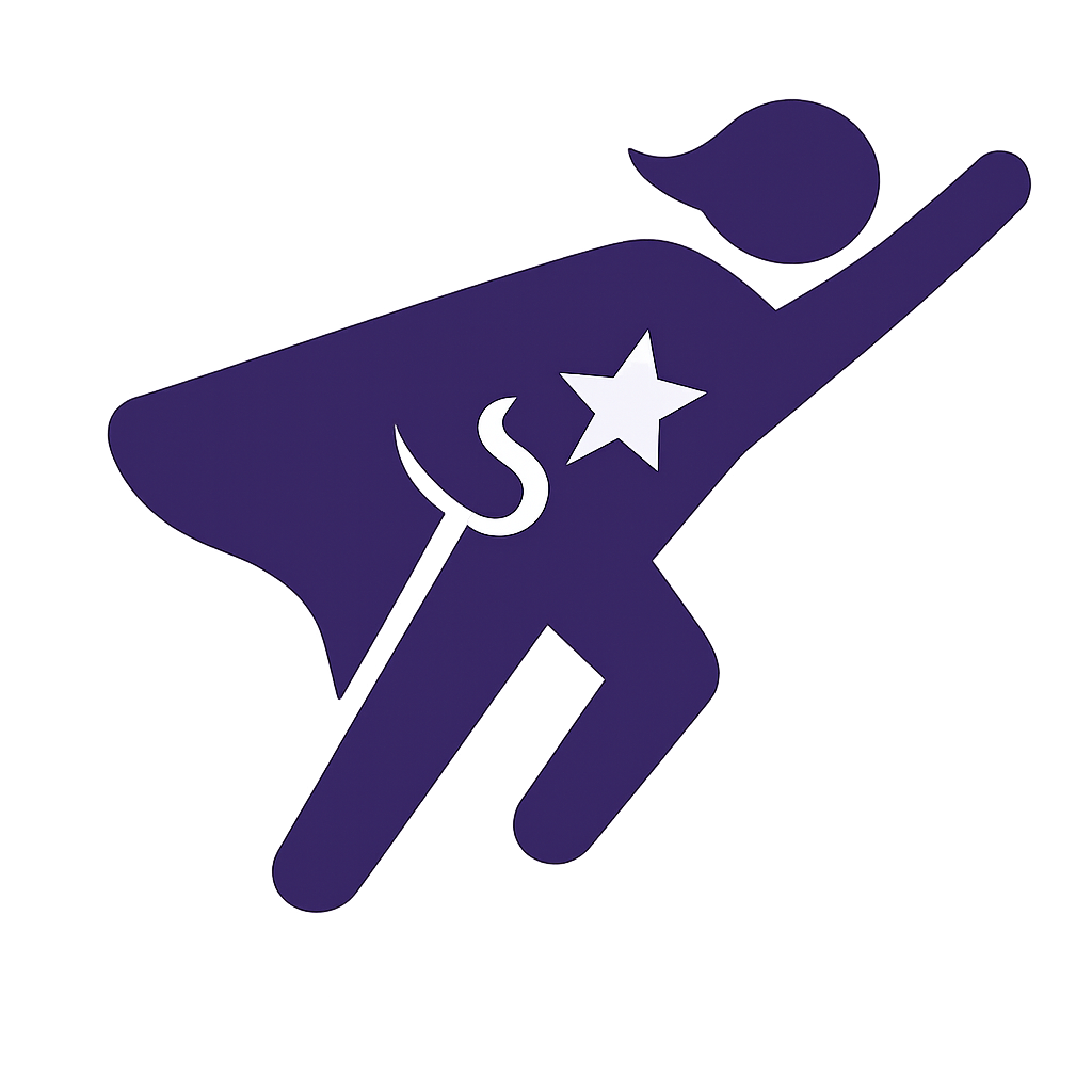 En stiliserad illustration av en person i en utsträckt pose, bärare av en cape, med en stjärn- och månsymbol på kroppen, som refererar till en superhjälte.