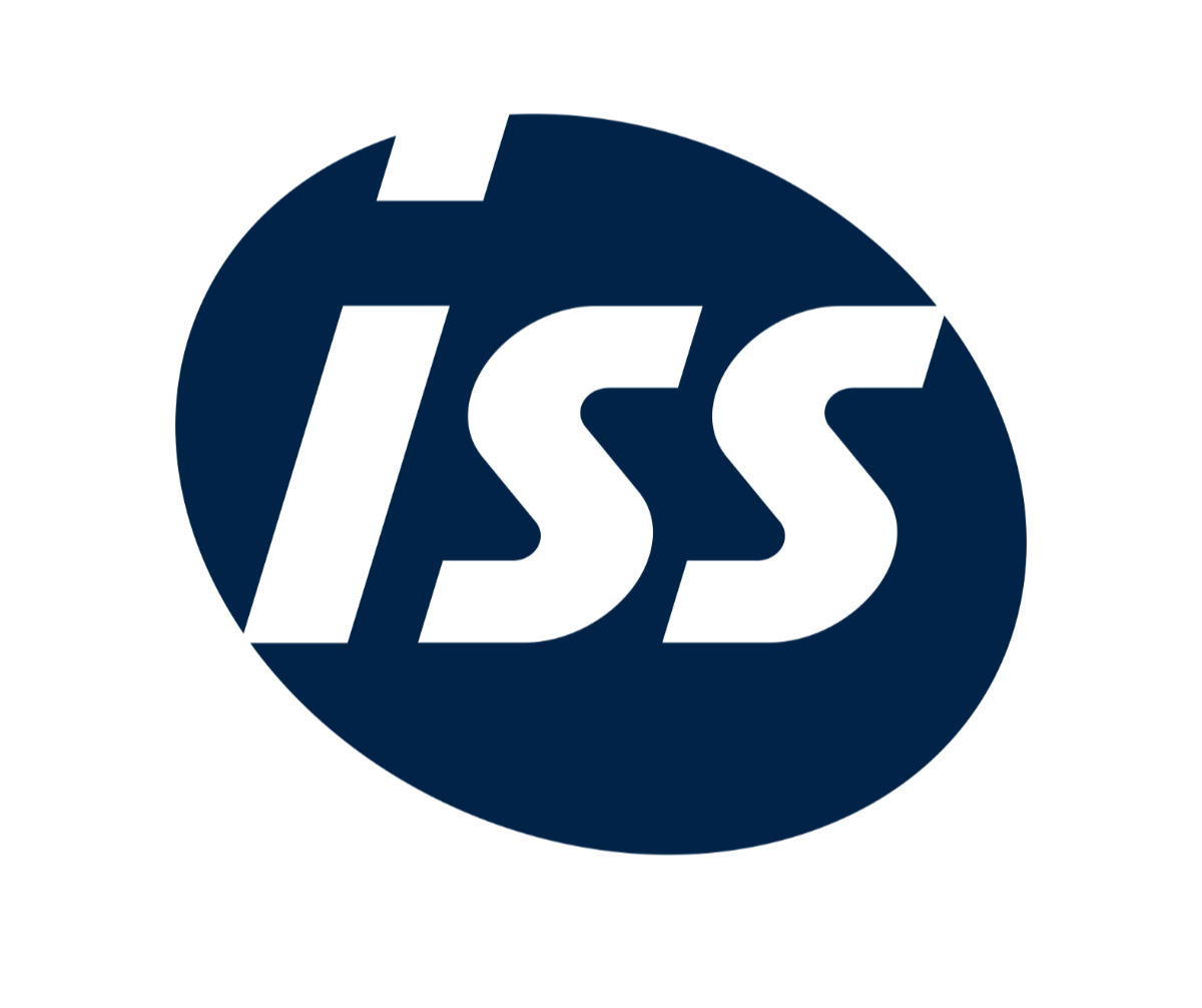 Logotyp för ISS, en oval med blÄ bakgrund och vita bokstÀver.