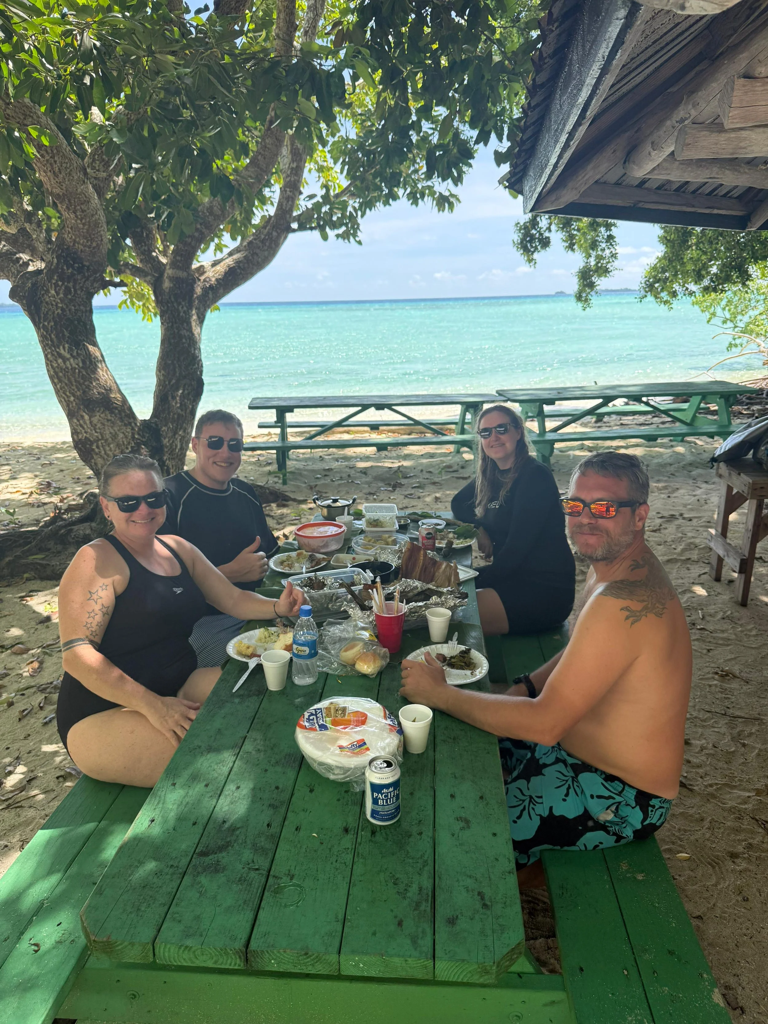 Four people sitting at a green picnic table under a tree on a beach, enjoying a meal with dishes, drinks, and condiments, with the ocean in the background.