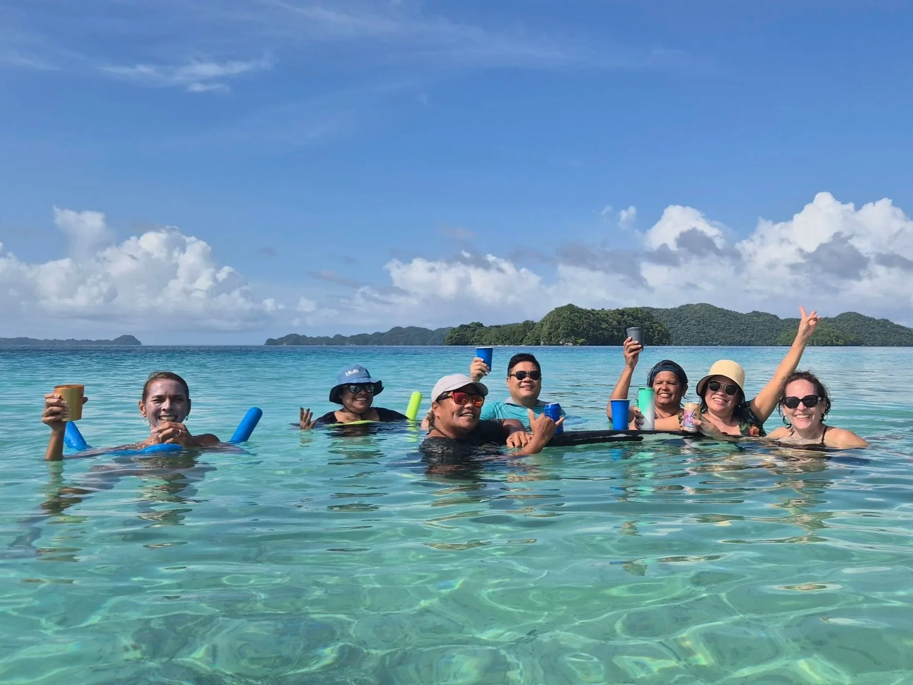 Group of nine people enjoying a swim in clear ocean water with a scenic island and partly cloudy sky in the background.