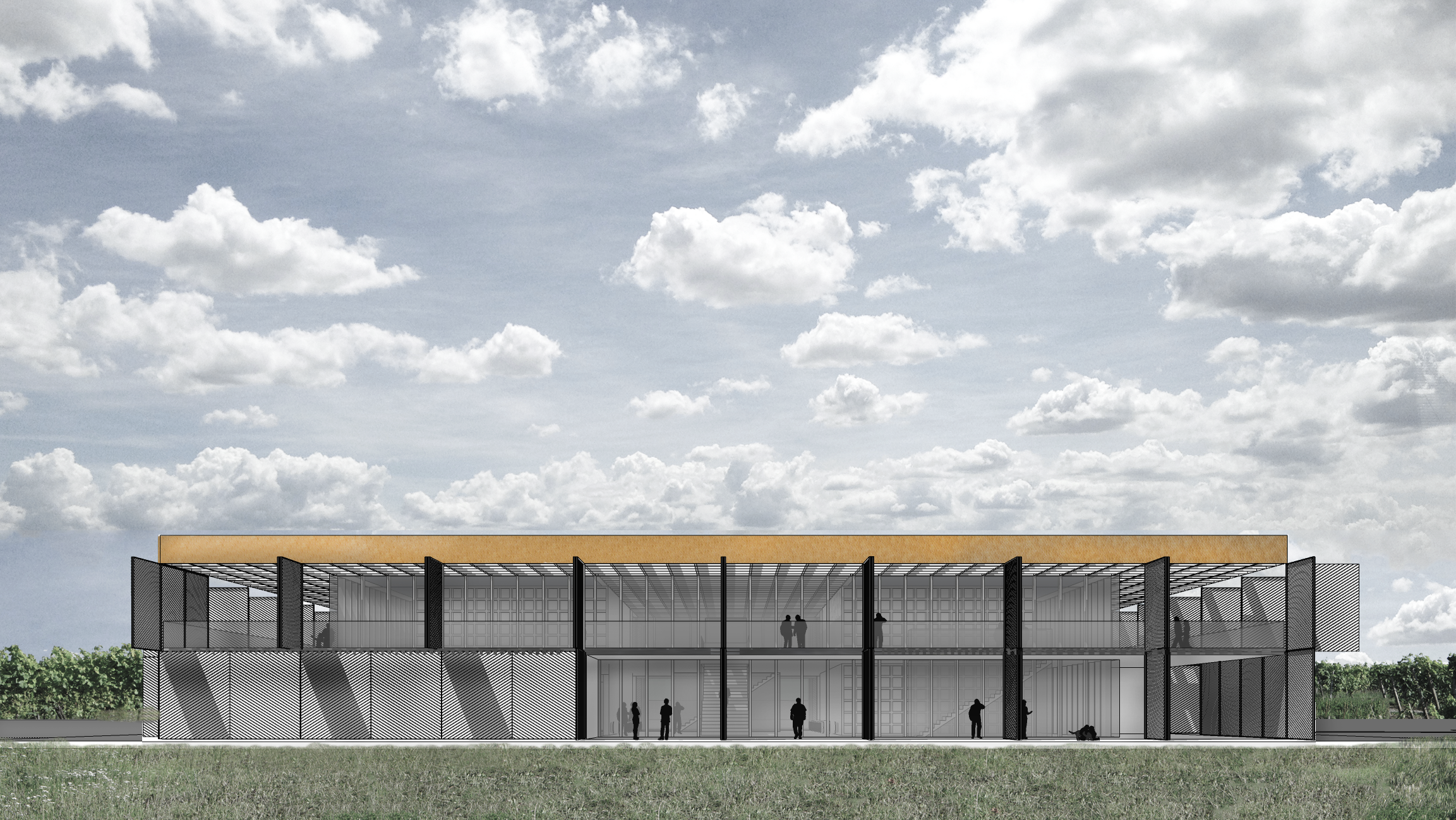 近代的な建築物で、ガラスを多用した二階建ての建物。周囲には草地と空が広がる風景。