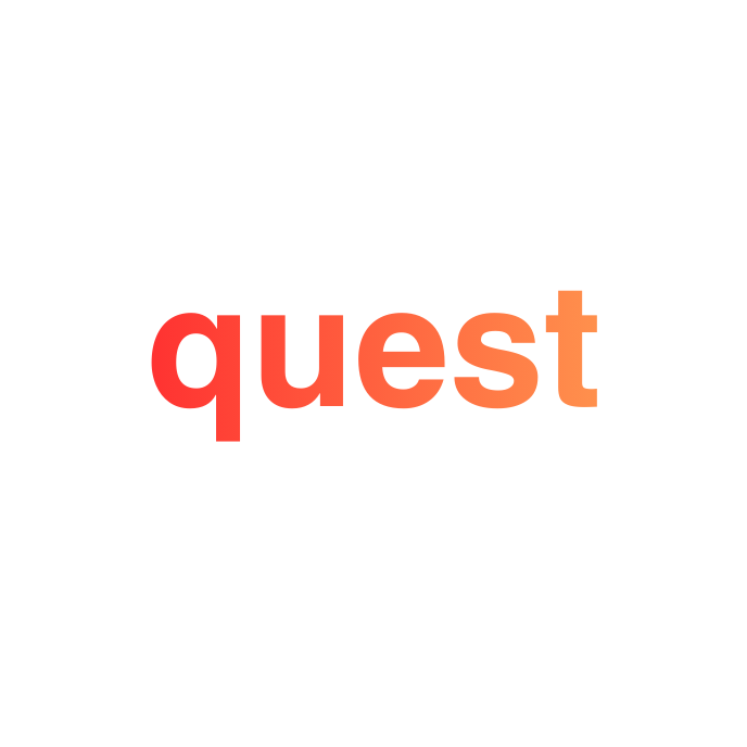 赤とオレンジの文字で書かれた「quest」という英語のテキスト