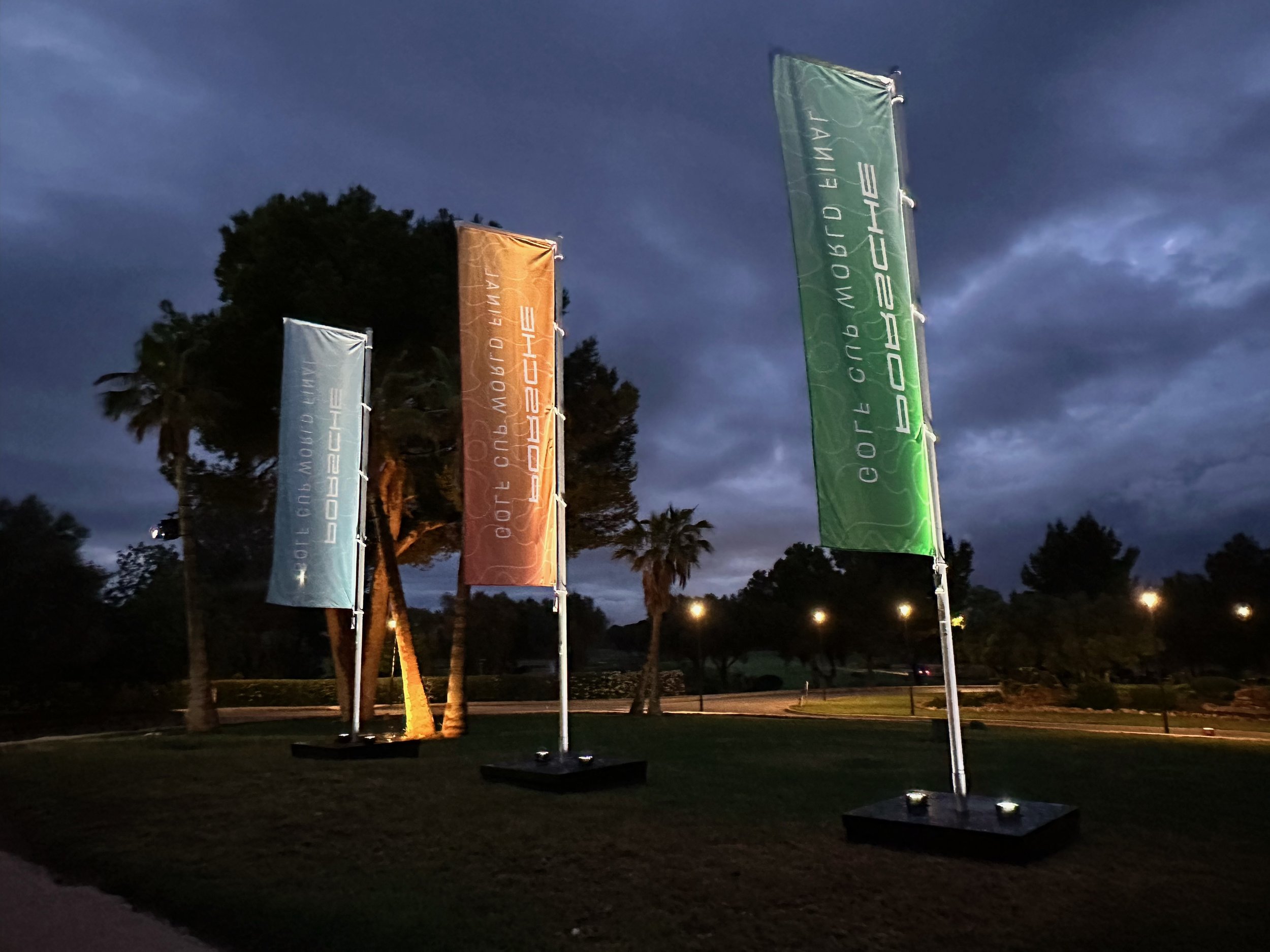 Three colorful vertical banners on poles in a park at dusk with trees and a cloudy sky in the background.