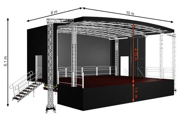 Diagram of a stage setup with measurements, showing a raised platform, truss structures, and a black backdrop, with stairs leading up to the stage.
