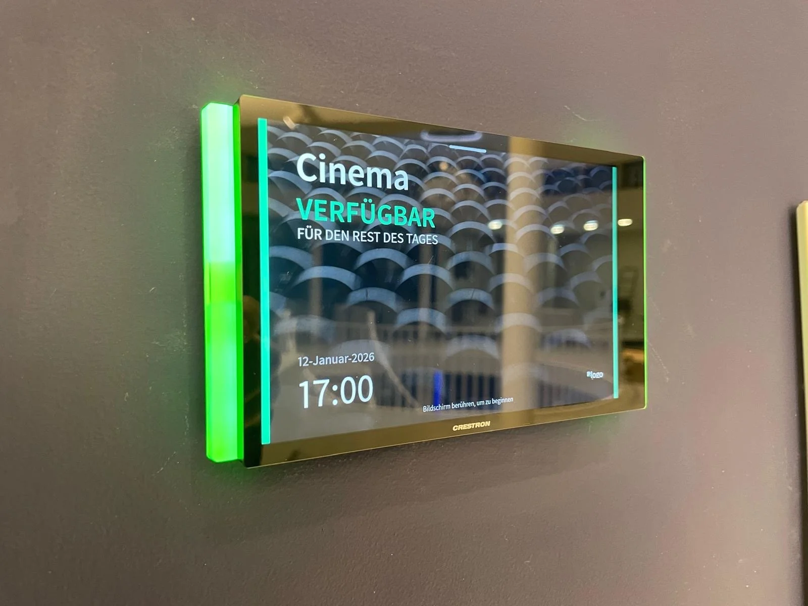 A digital sign in German indicating a cinema is available for the rest of the day, with the date January 12, 2026, and the time 5:00 PM.