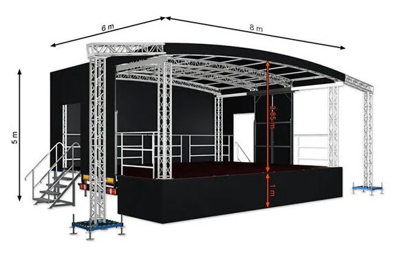 Diagram of a stage setup with dimensions, including a 6m by 8m stage, 5m height, and 3.85m height of the stage roof, with supporting truss structures, stairs, and safety railings.