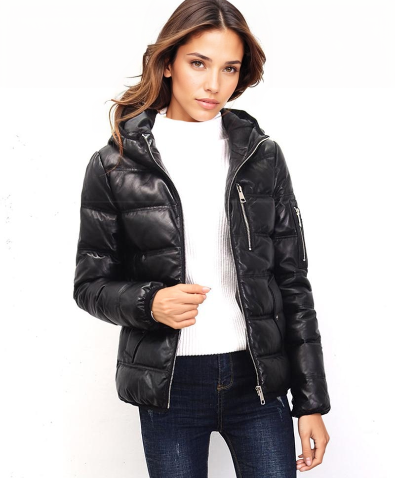 Hooded Womens Leather Puffer Jacket