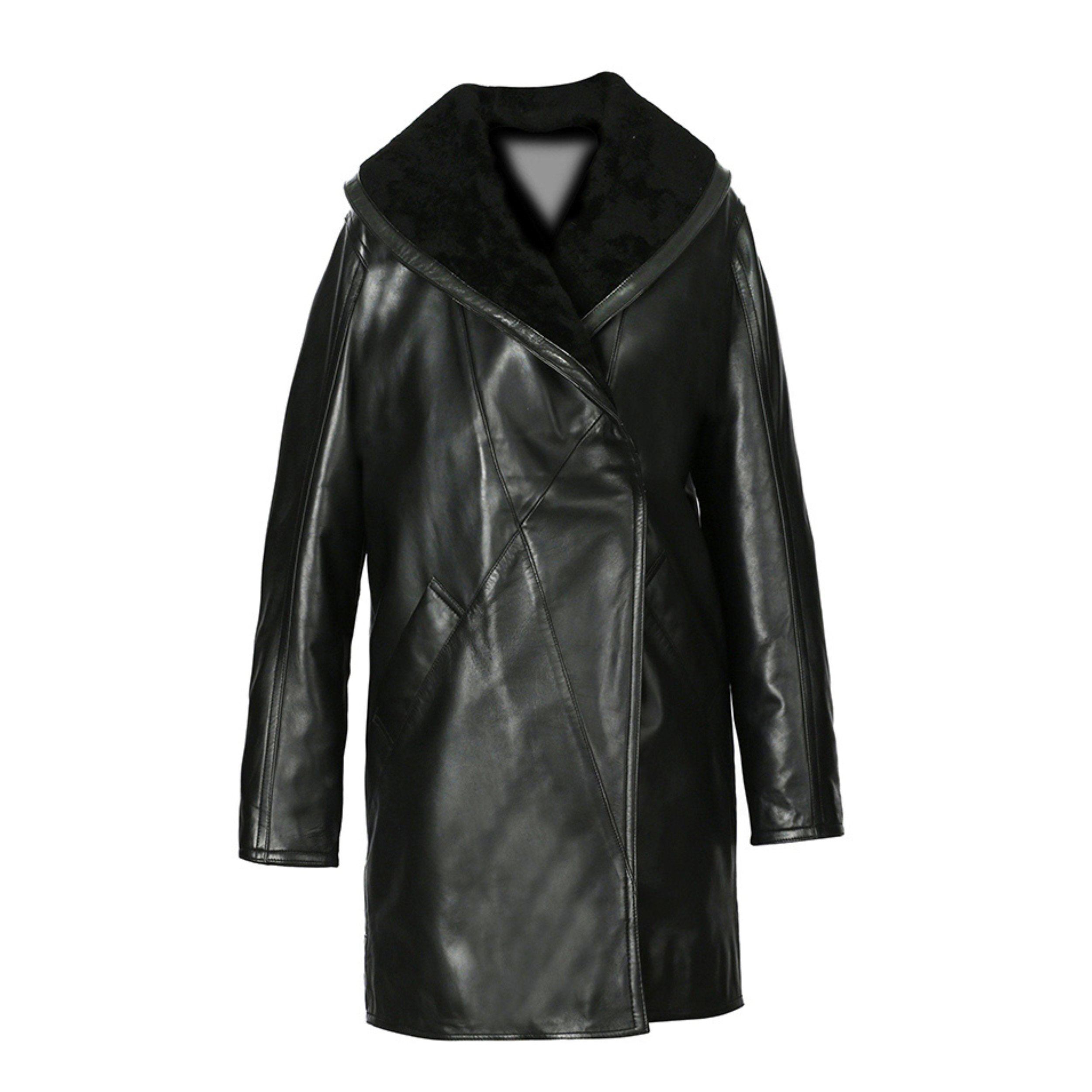 Black Full Length Faux Fur Leather Coat