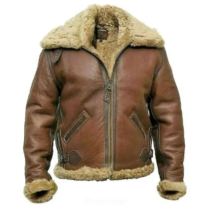 Fur Lined Bomber Leather Jacket Brown