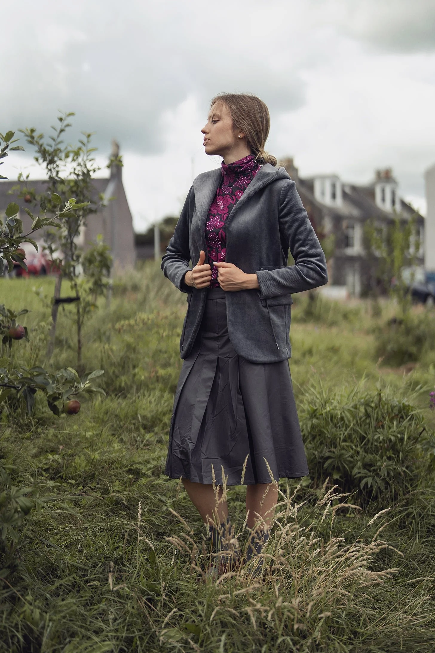 Faux Leather Stitch Down Pleated Skirt-Grey