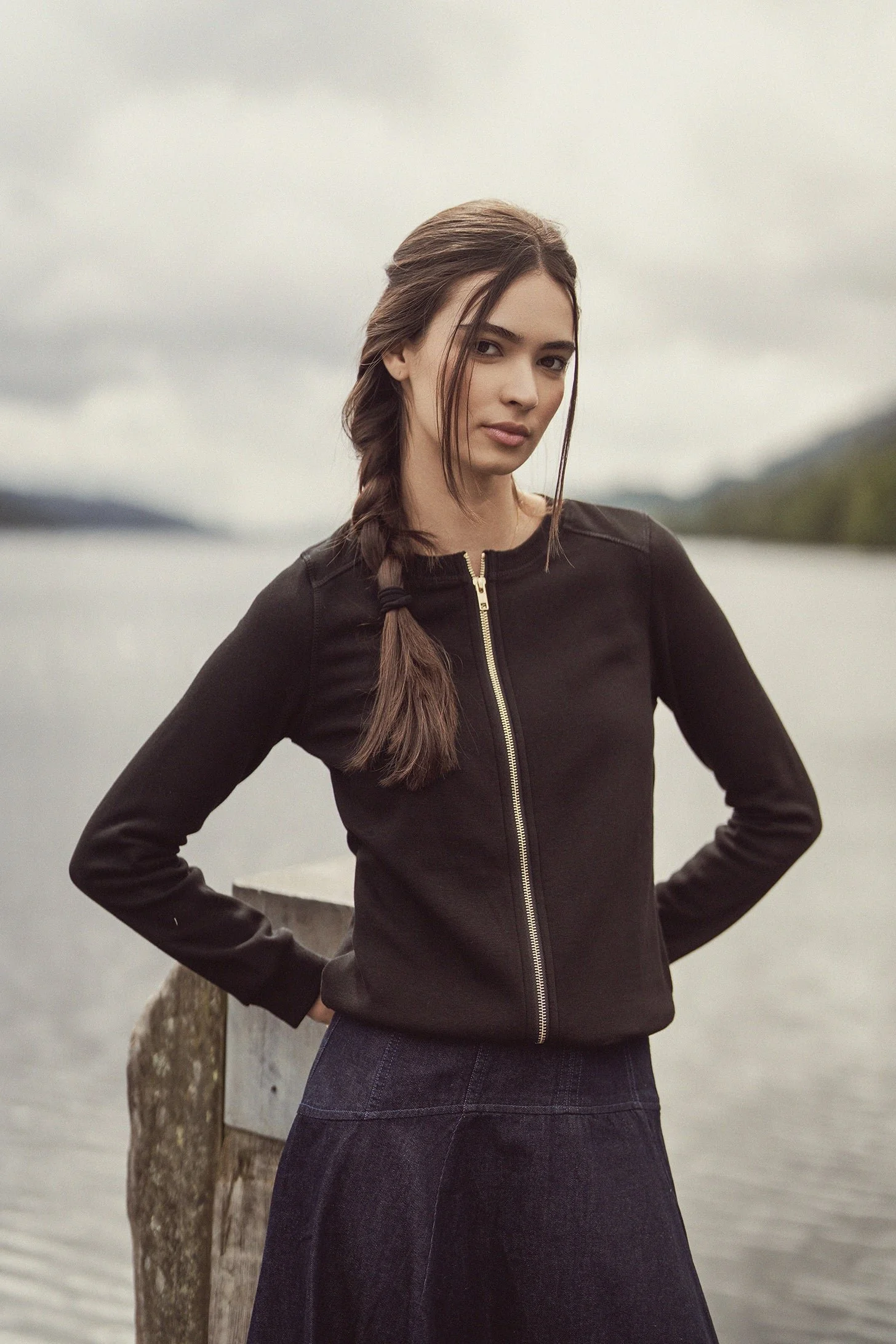 Zip Up Bomber Sweatshirt-Black