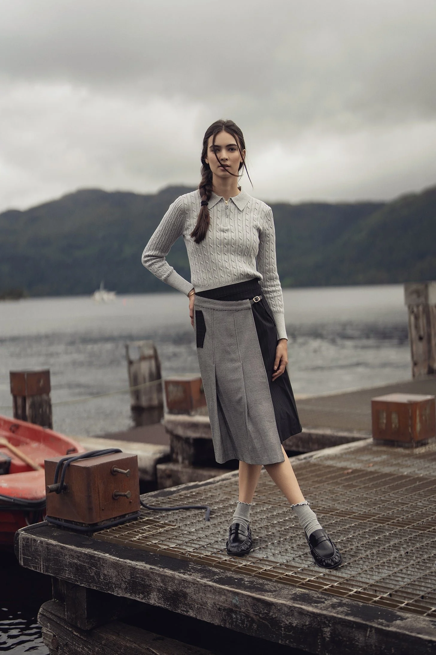 Faux Wrap Pleated Front Buckle Skirt-Pinstripe/Plaid