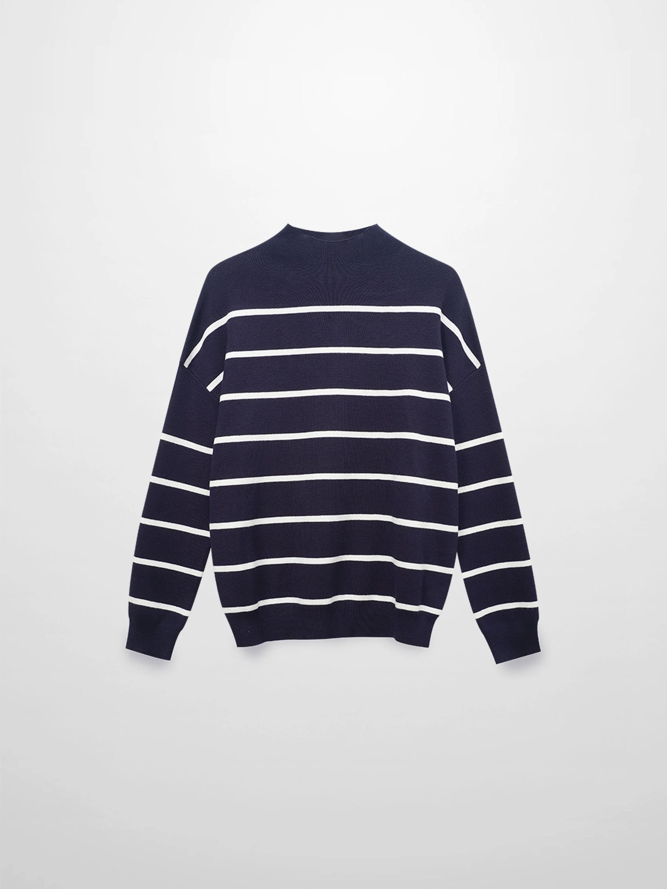 Mock Neck Thin Knit Sweater-Navy/Cream
