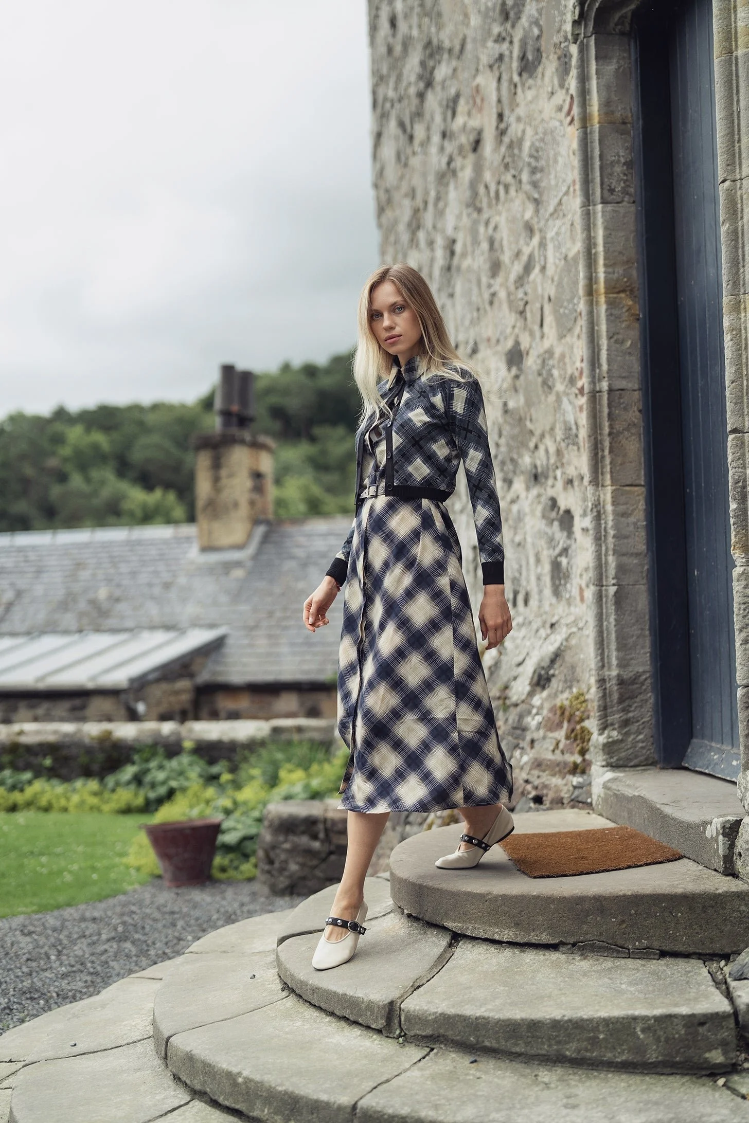 Basic Belted A-Line Dress-Black/White Plaid