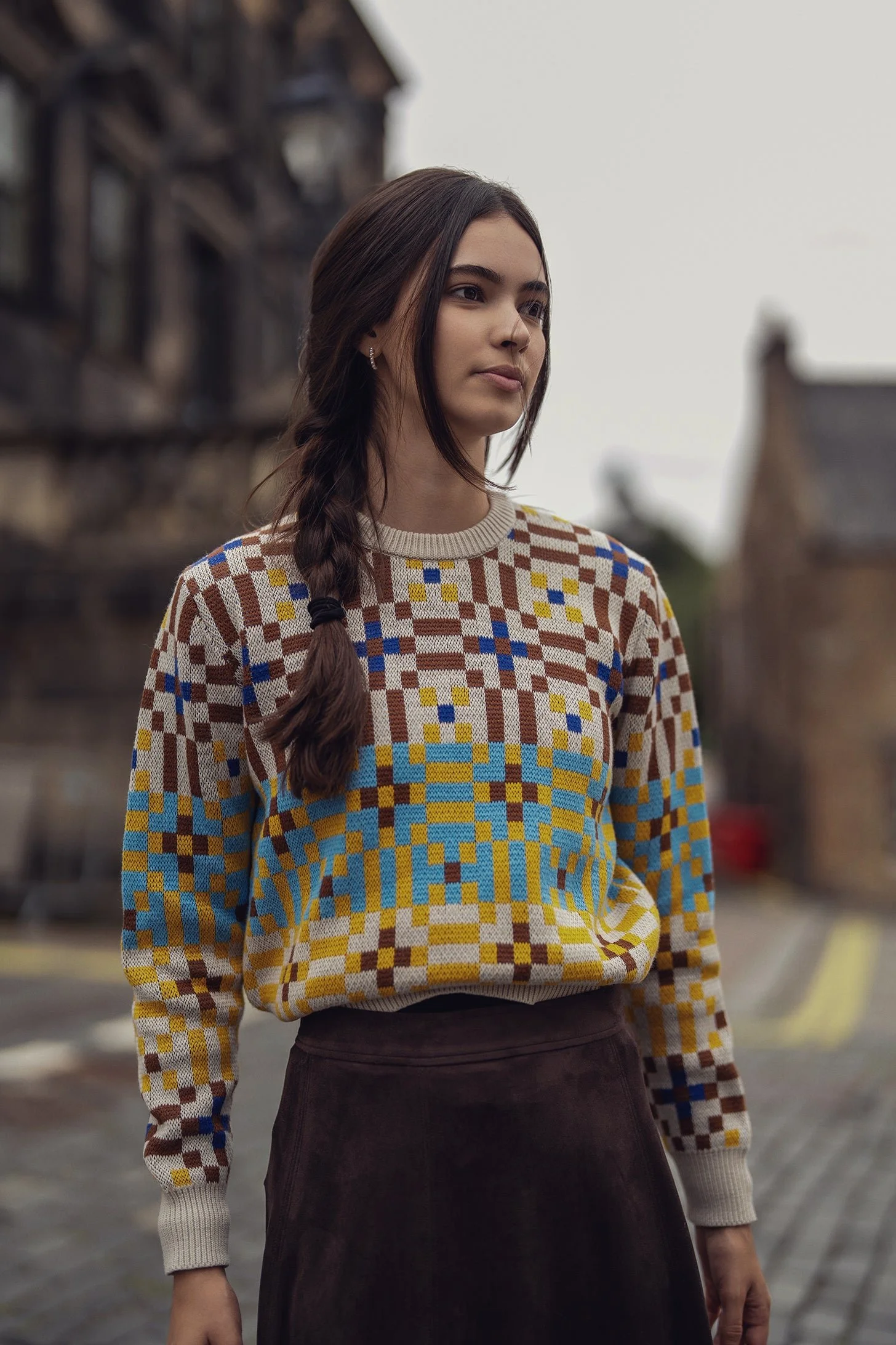 Geometric Design Sweater-Brown