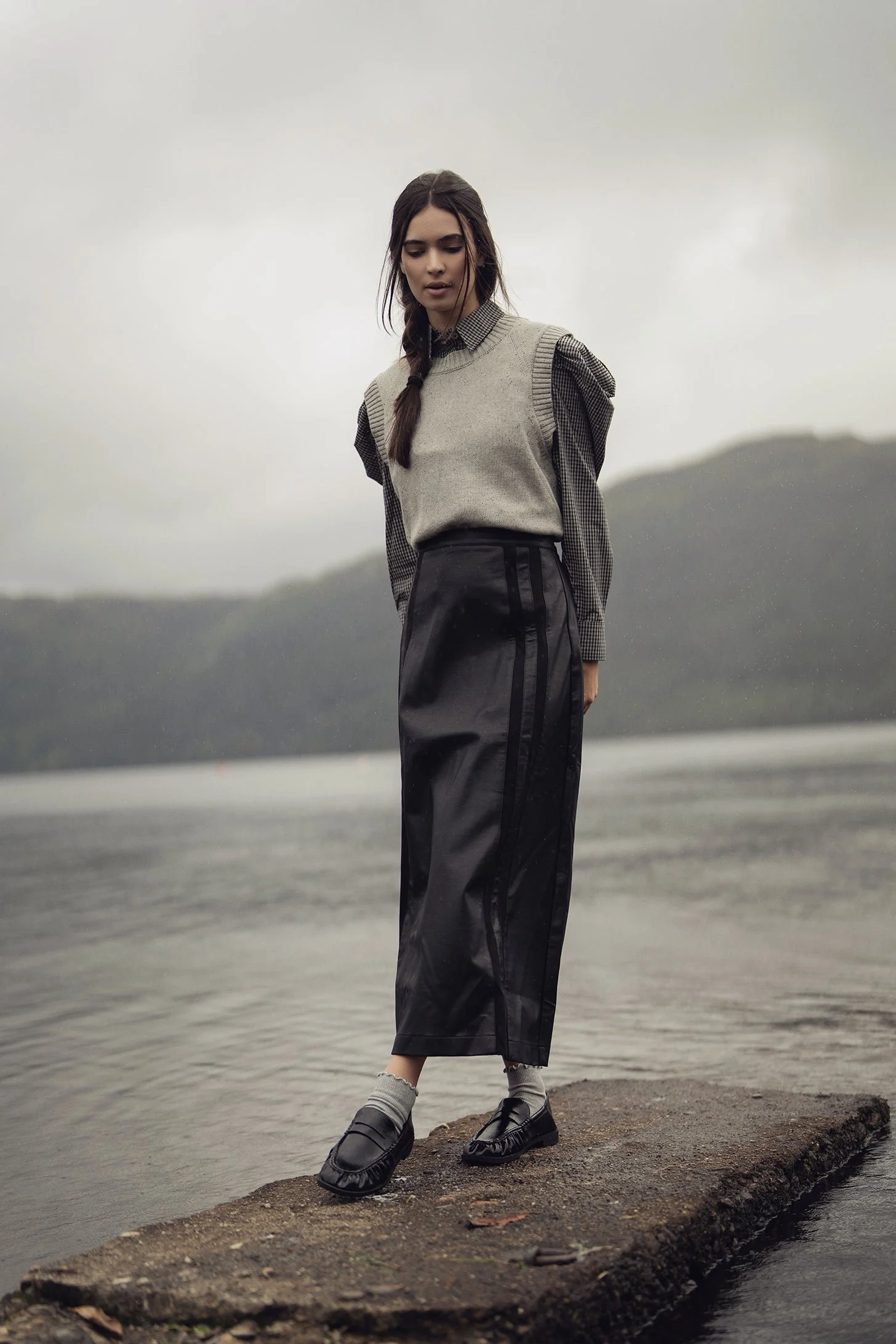 Side Stripe Faux Leather Skirt-Black