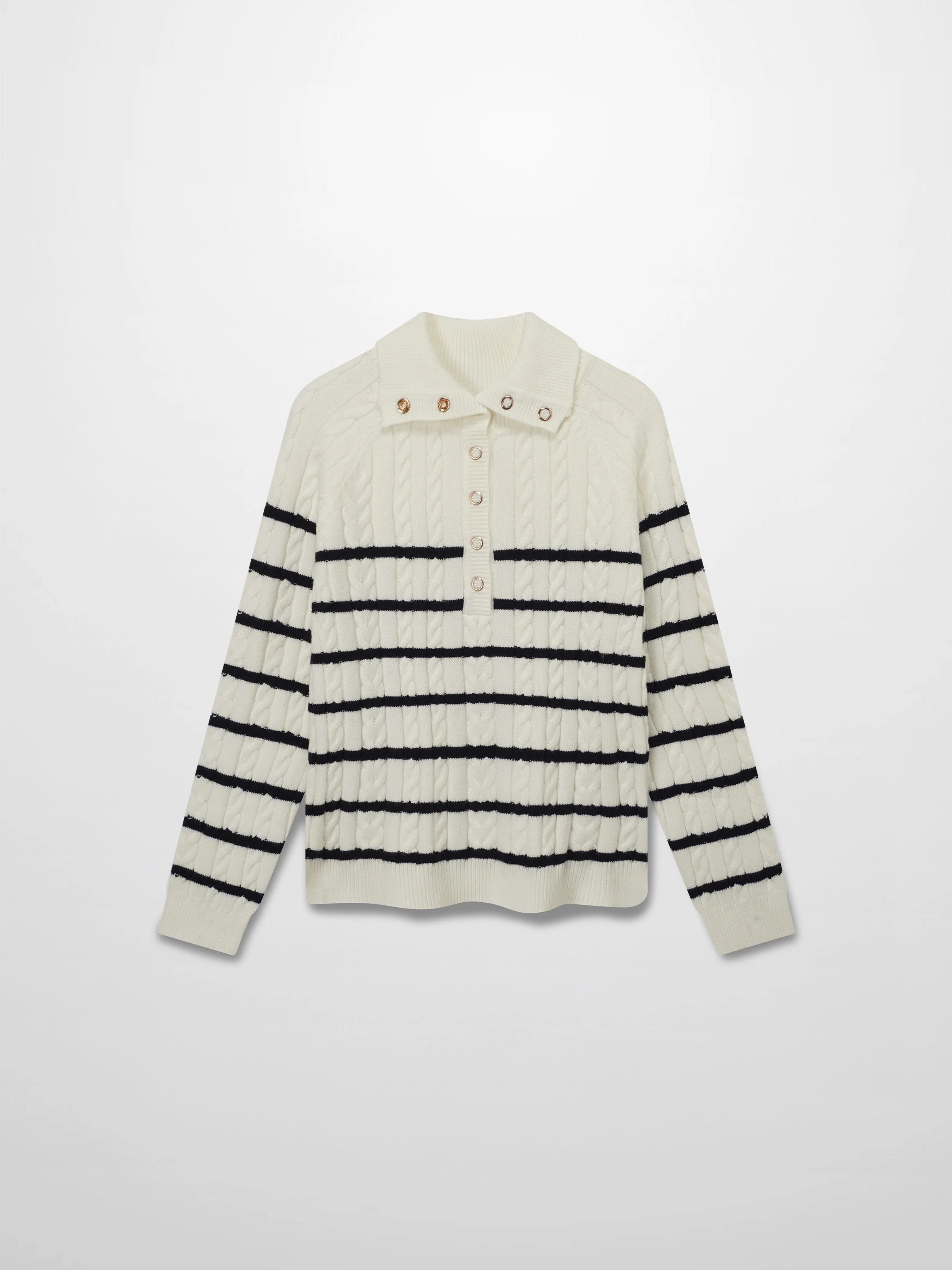 Shawl Snap Collar Striped Cable Sweater-Cream/Black