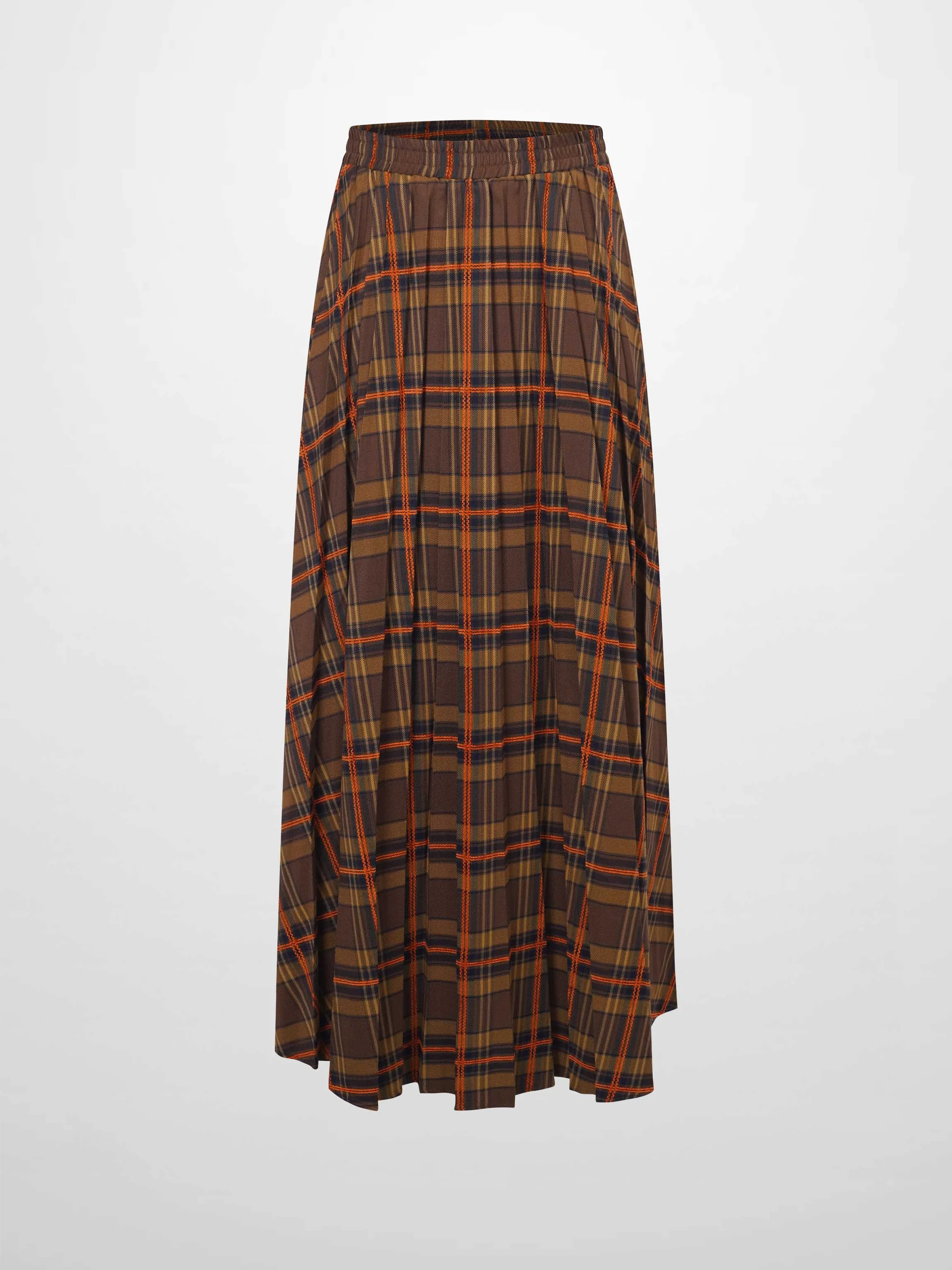 Covered Band Pleated Skirt-Brown/Orange Plaid