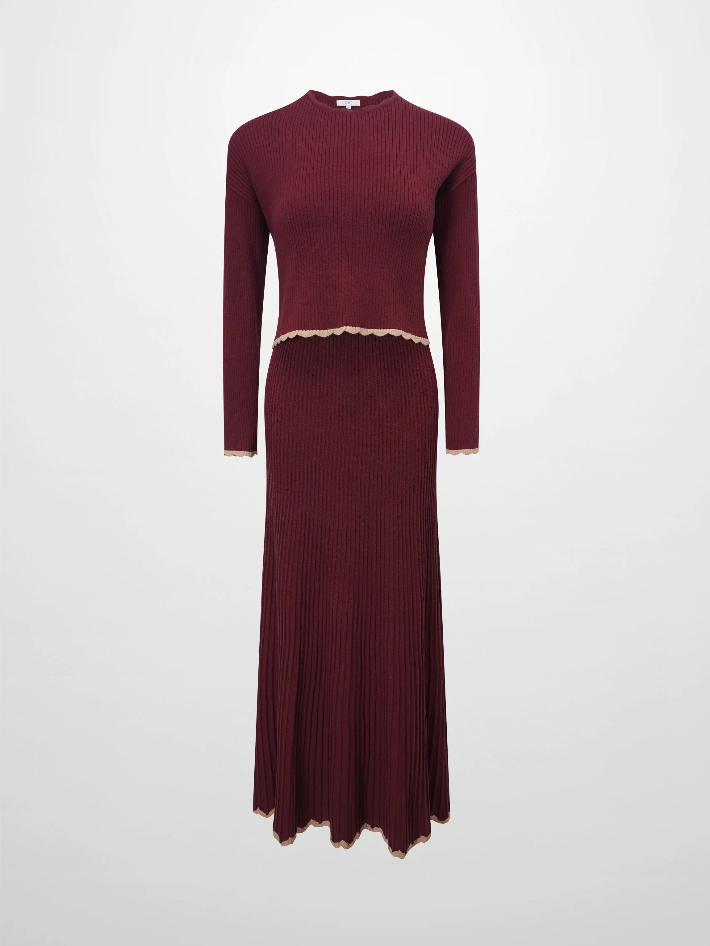 Knit Crop Sweater Dress Set-Burgundy/Pink