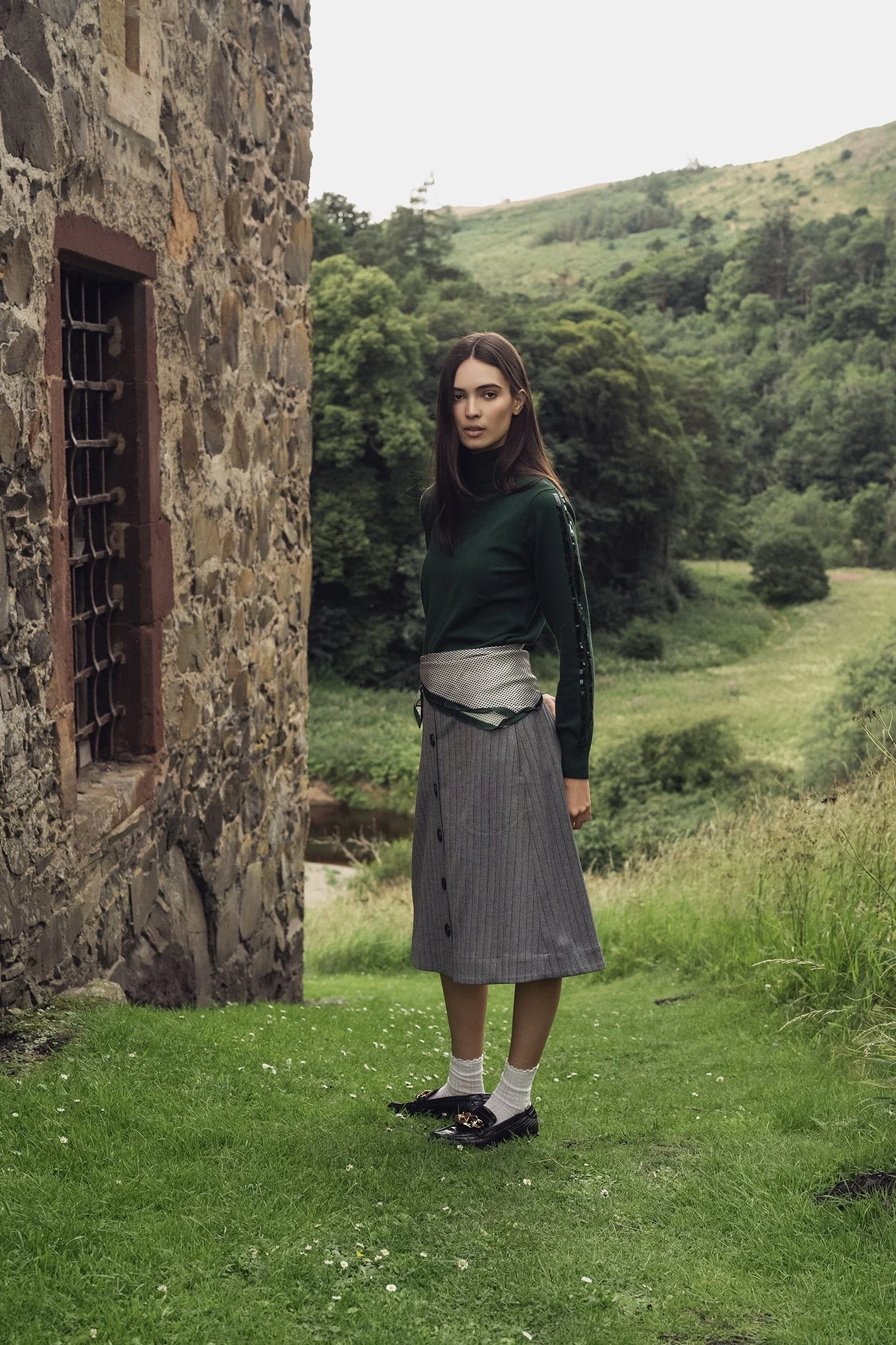 Herringbone Pinstripe Button Down A-Line Skirt-Grey/Green