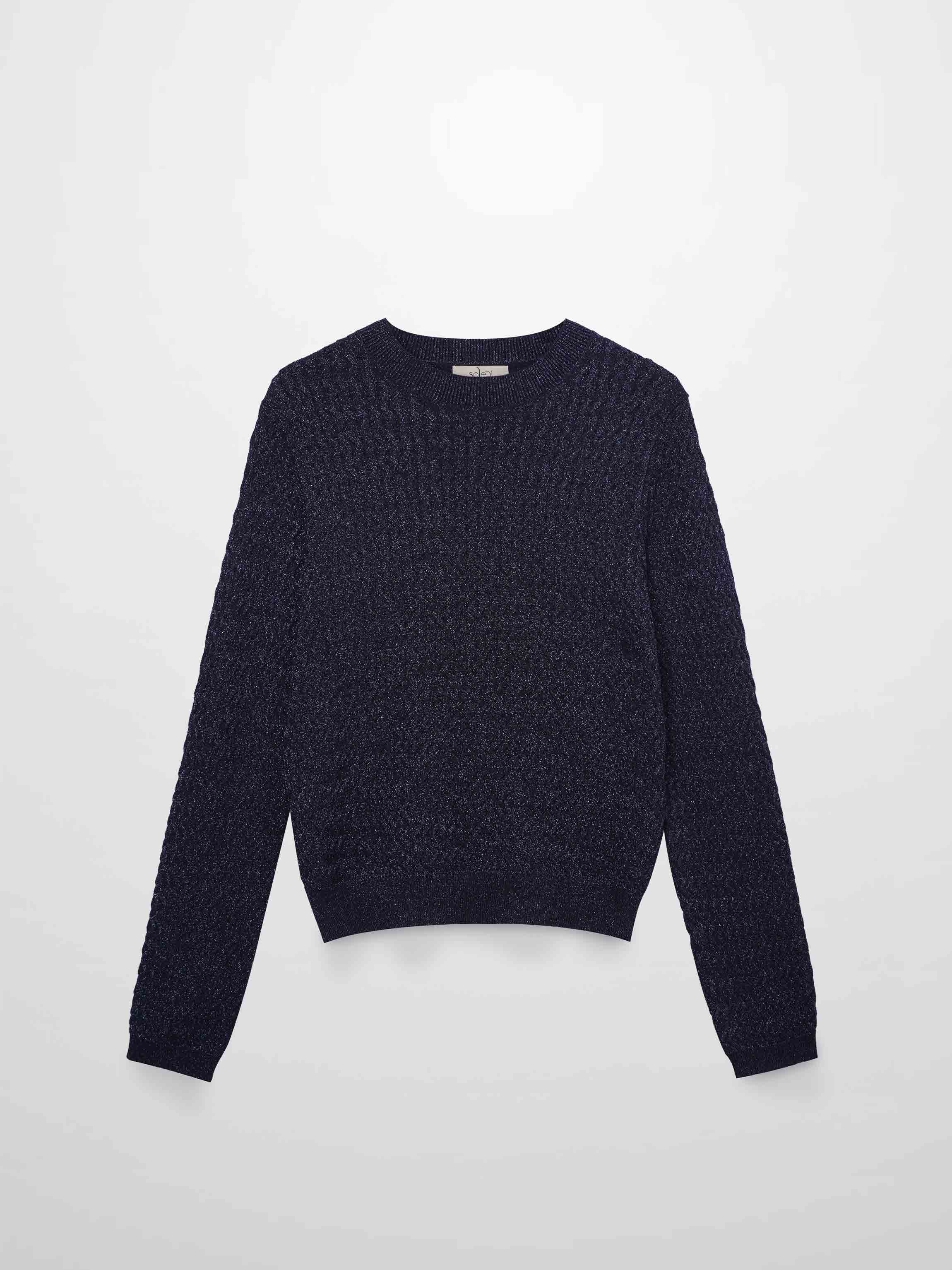 Textured Lurex Crew Sweater-Navy