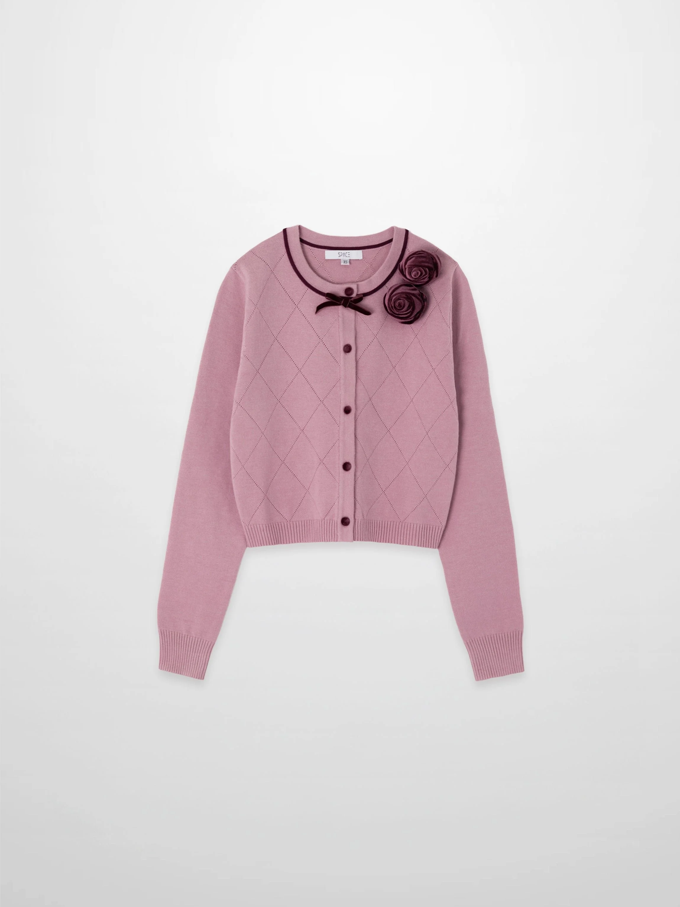 Velvet Detail Pointelle Crew Cardigan-Pink/Burgundy