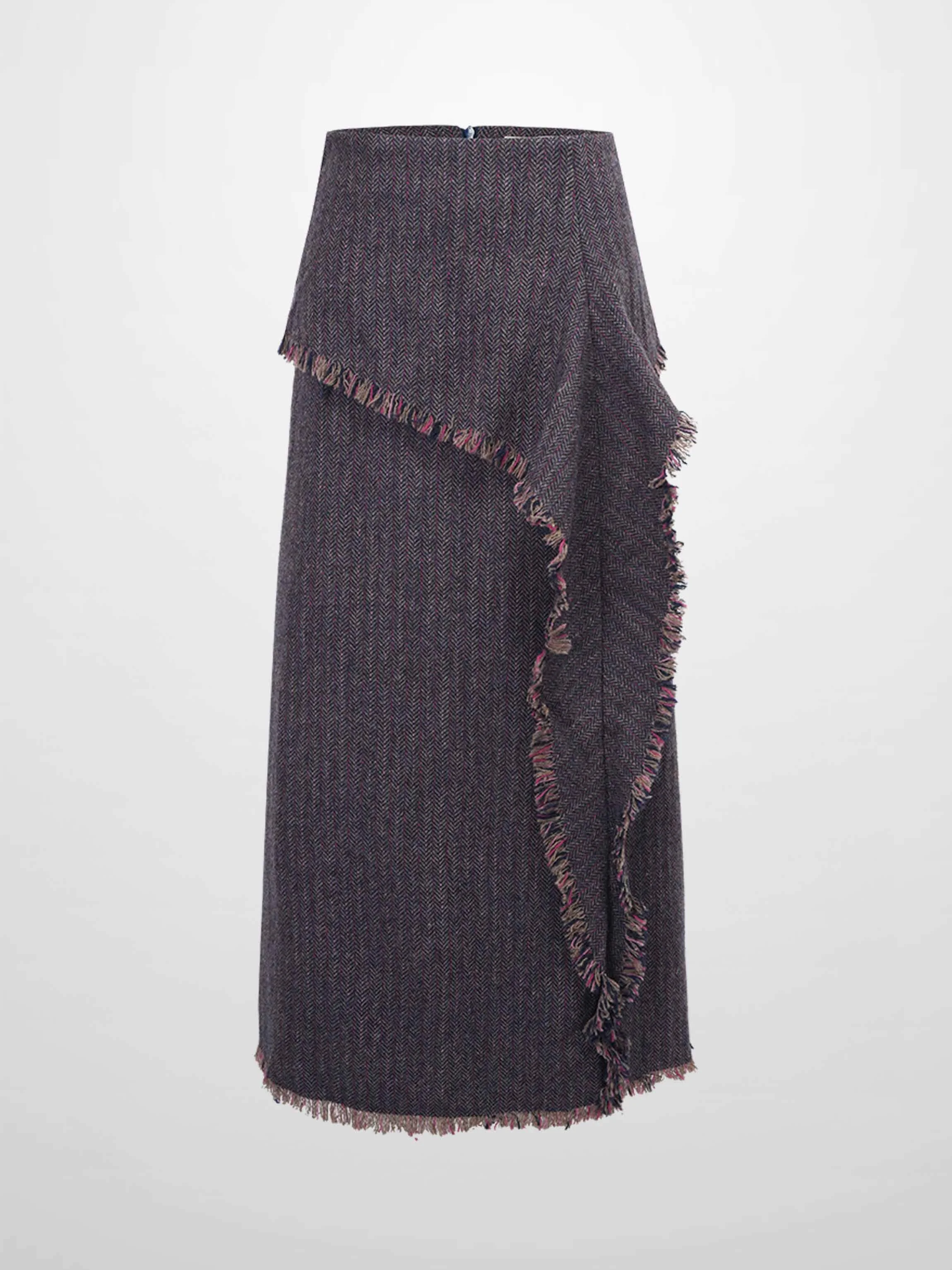 Tweed Herringbone Fringe Skirt 35"-Pink/Purple
