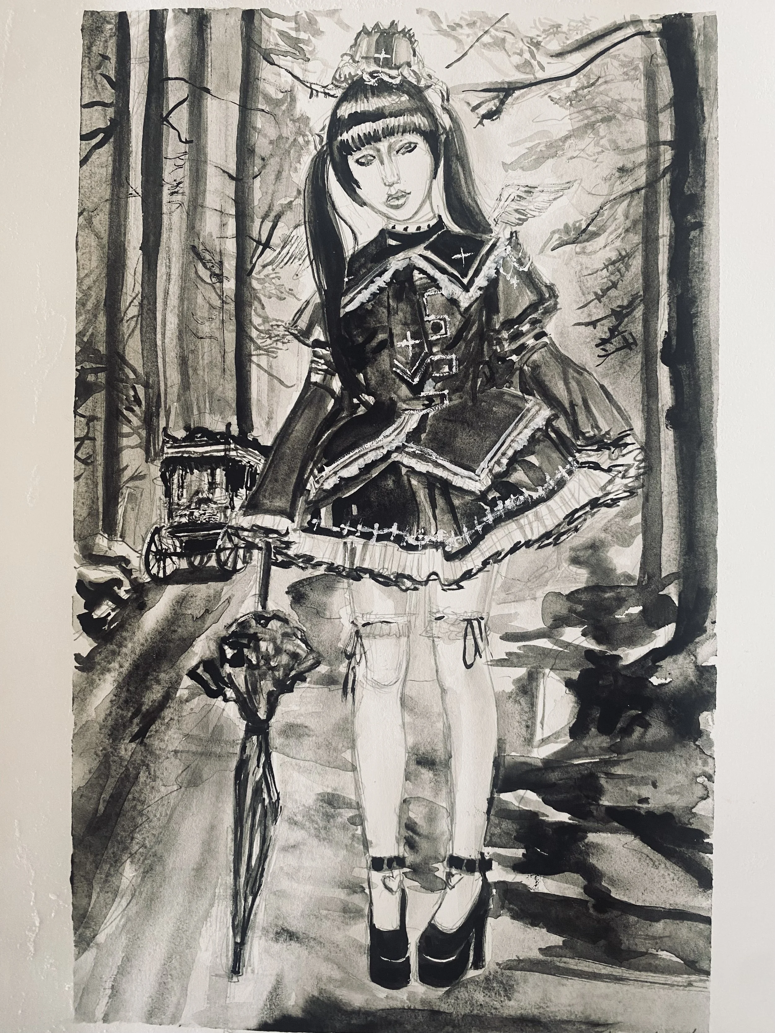 Impression aquarelle N&B Gothic Lolita carriage