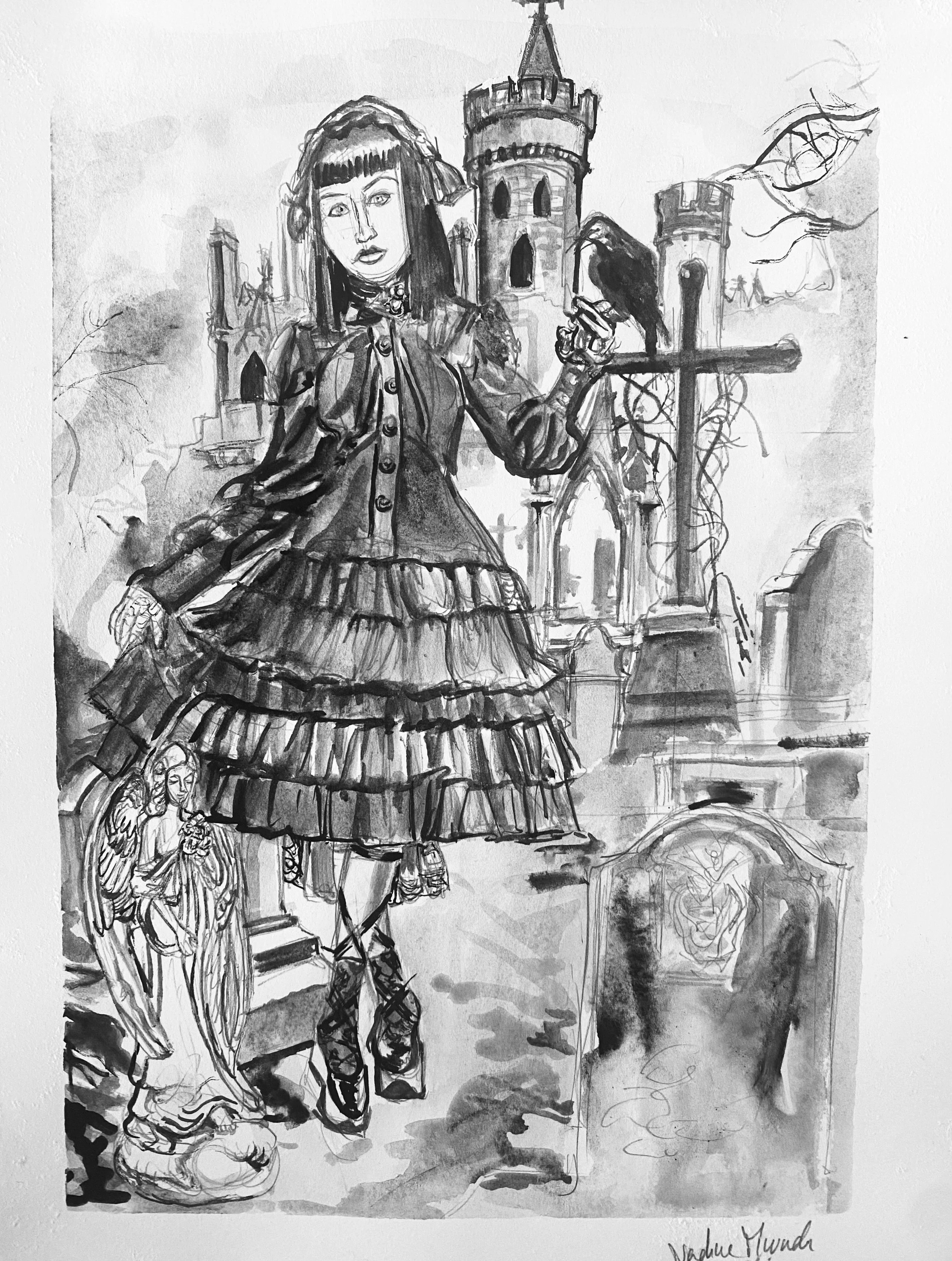 Impression aquarelle N&B Gothic Lolita crow
