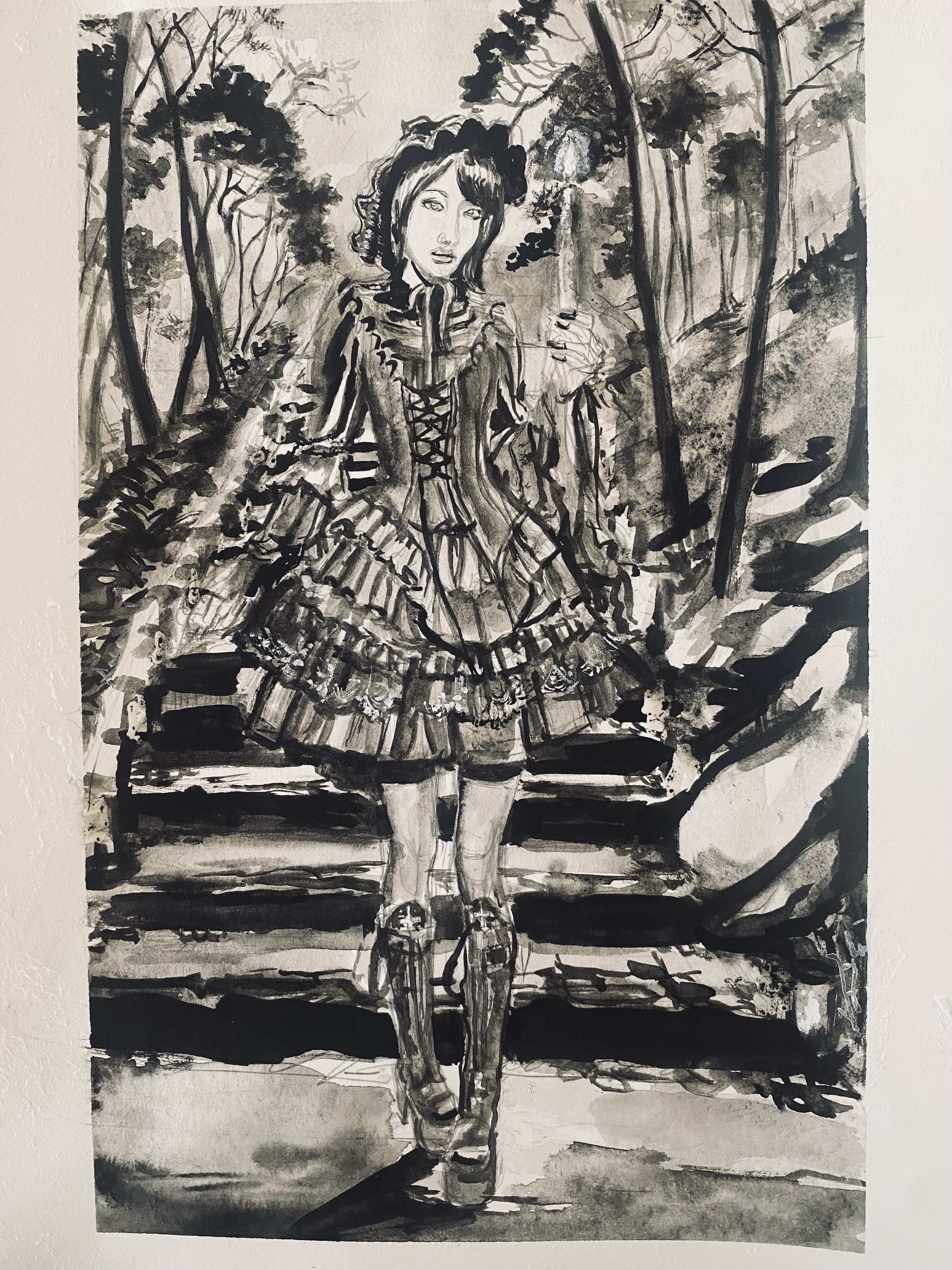 Impression aquarelle N&B Gothic Lolita candle