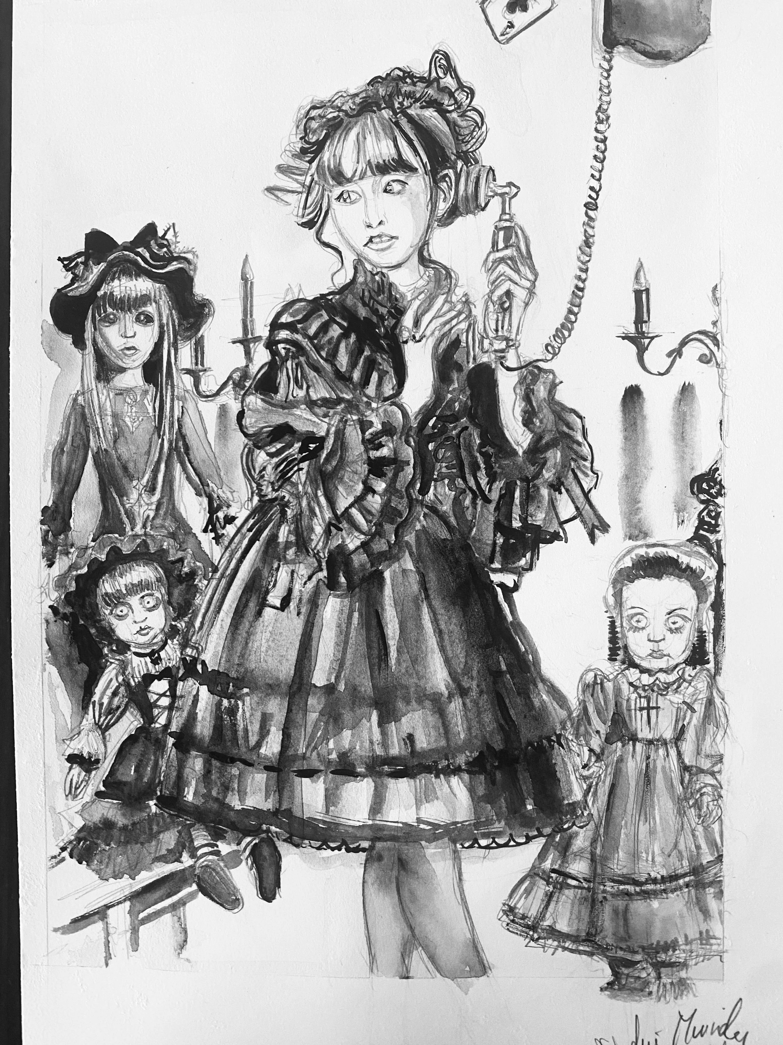 Impression aquarelle  N&B Gothic Lolita dolls
