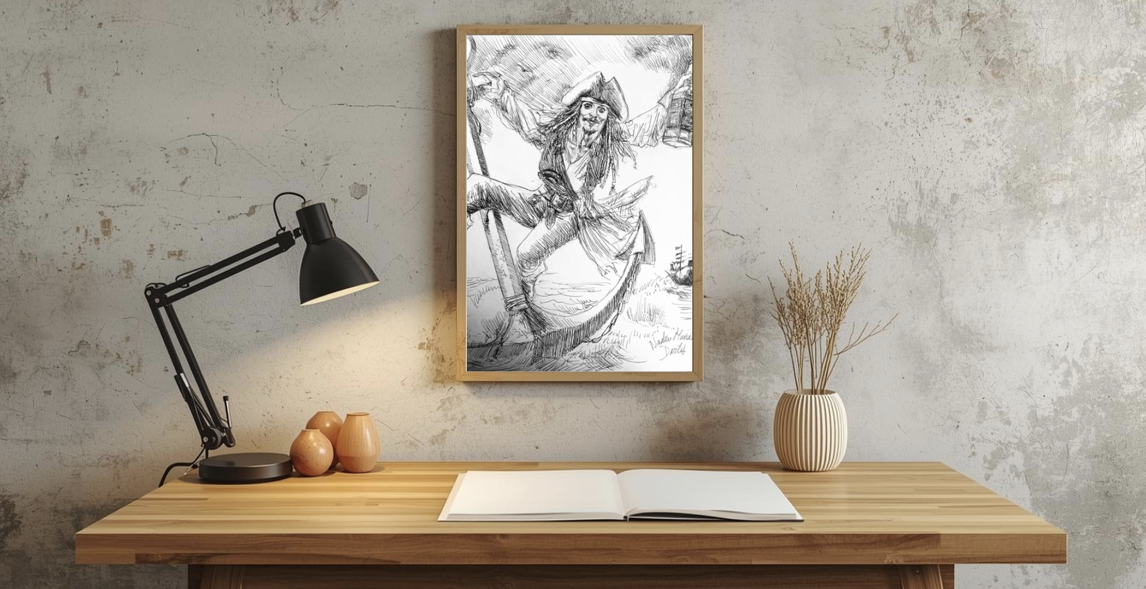 Table en bois avec un livre ouvert, une lampe noire, trois petits vases en terre cuite, une vase blanche avec des branches séchées et un tableau noir et blanc d'un vieux marin avec un chapeau et une barbe.