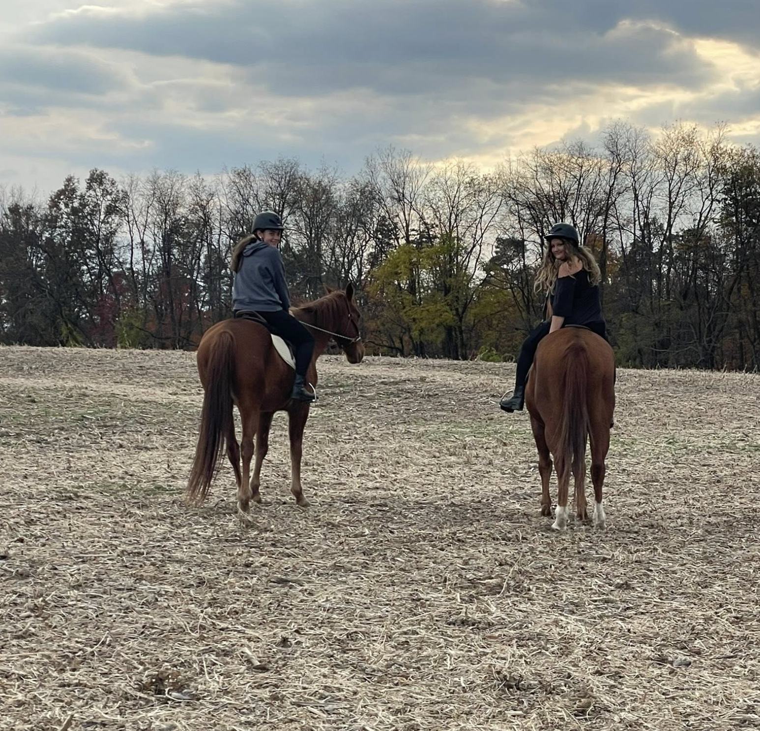Two women riding brown horses in an open field with trees and cloudy sky in the background.