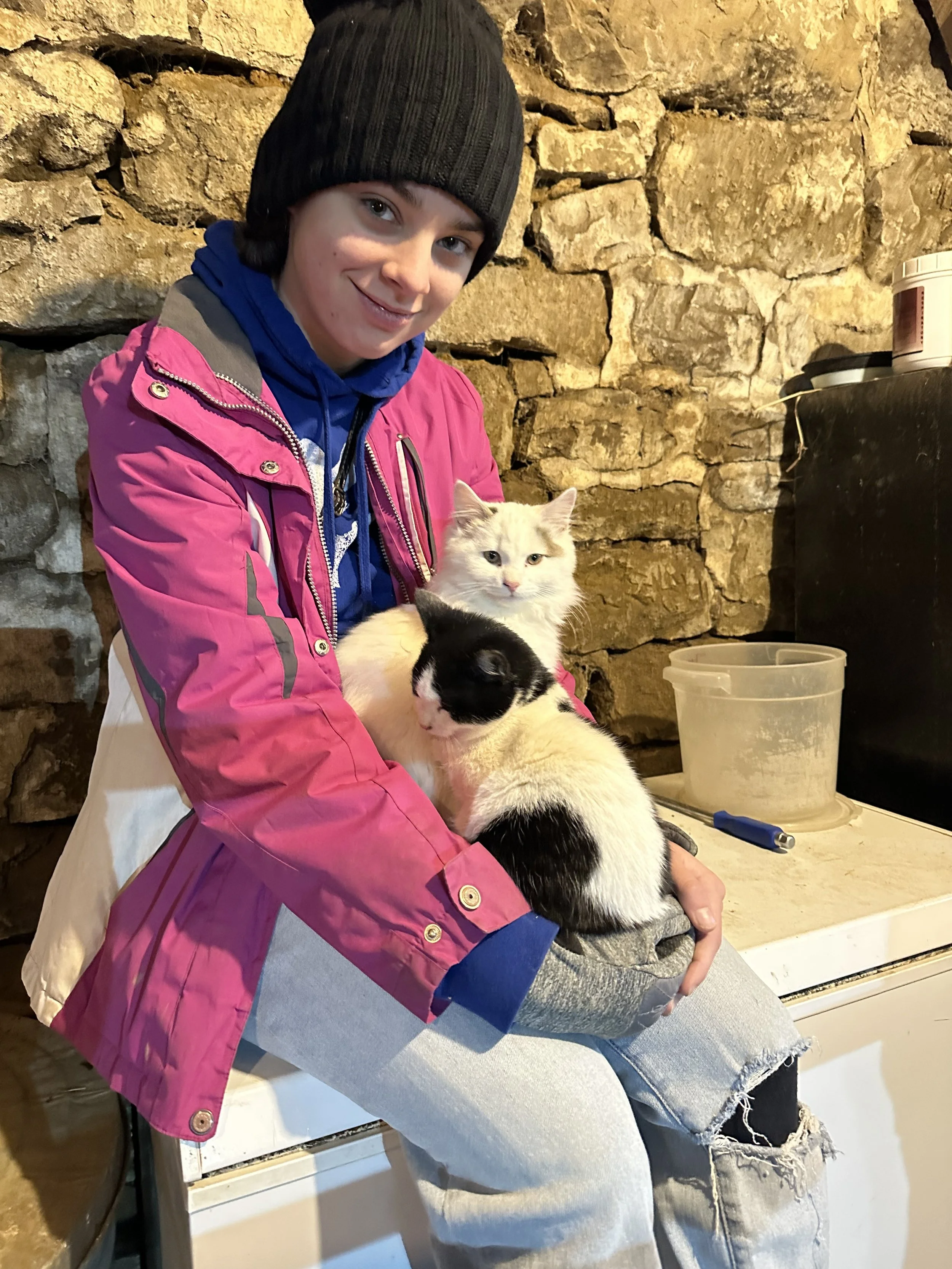 A young woman wearing a pink jacket and black beanie holding three cats, one with black and white fur, one with light cream and gray fur, and one with cream fur with darker markings, against a stone wall background.