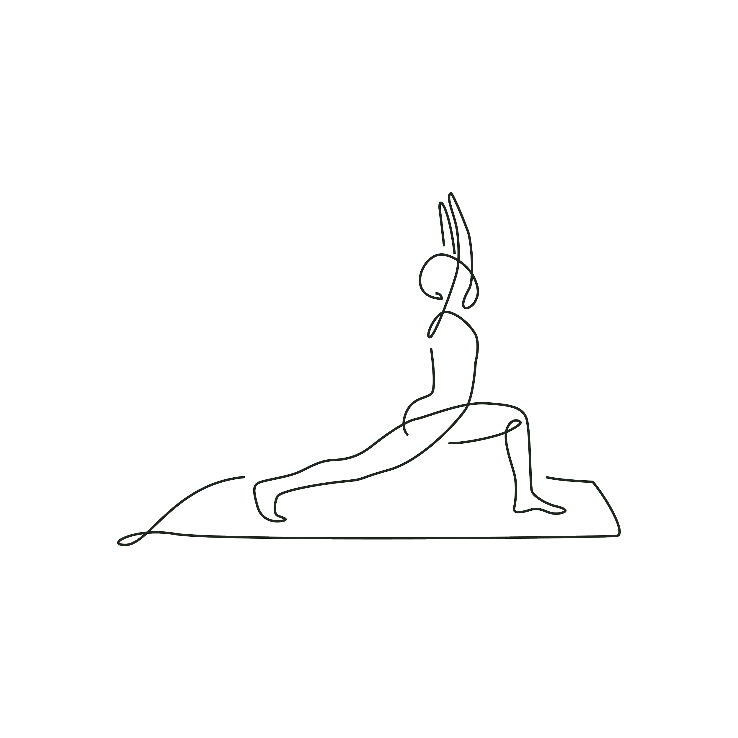 Continuous line drawing of a person practicing yoga on a mat, performing a low lunge pose with one arm raised overhead.