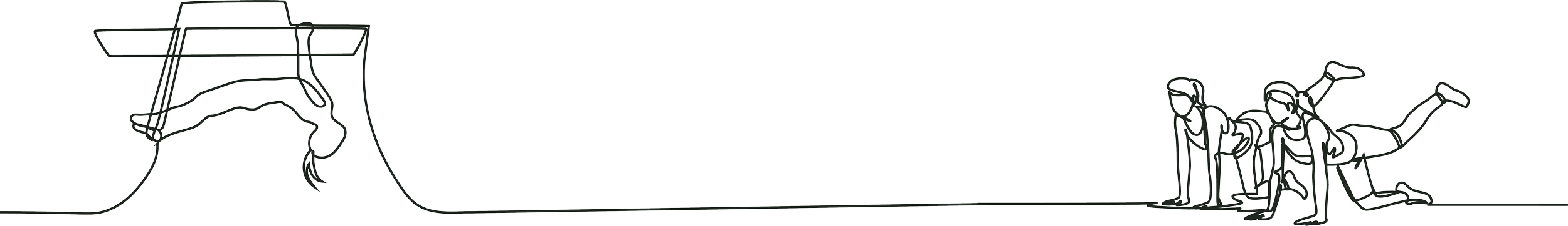 Line drawing of a person doing a parkour vault over a rail, with three people in a kneeling position on the right.