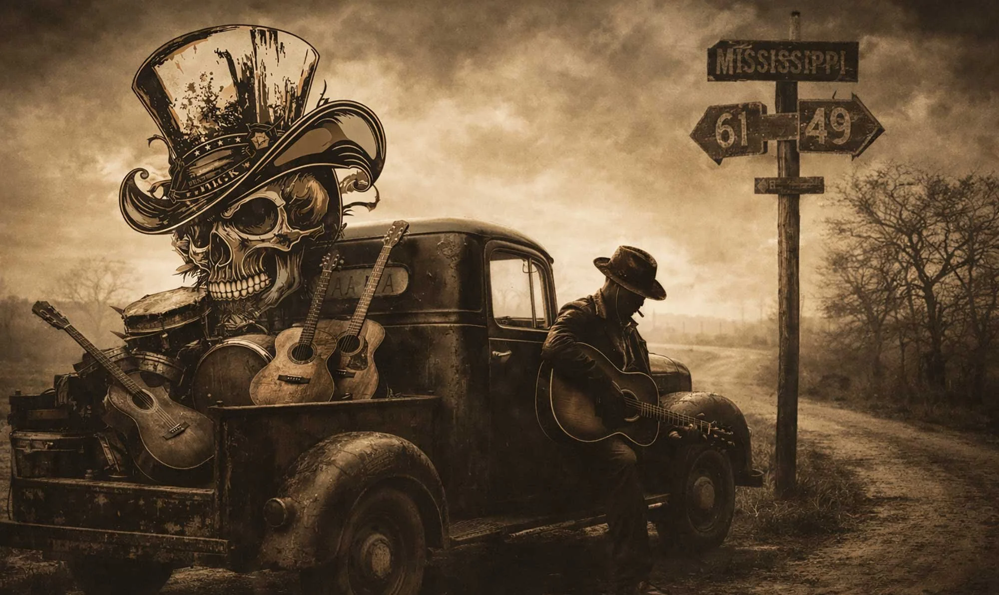 Ein Mann sitzt auf einem alten schwarzen Pickup-Fahrzeug mit mehreren Gitarren auf dem Heck. Im Hintergrund ist eine Wegeschilder mit den Strecken aus Mississippi. Das Bild ist in Sepia gehalten, mit einem dramatischen Himmel und Bäumen am Rand.