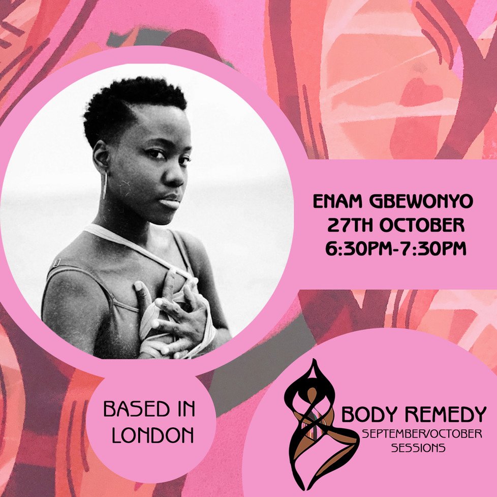 Poster featuring a black and white portrait of a woman with short hair holding her chest, with text announcing a body remedy session on October 27th from 6:30 to 7:30 PM, based in London, with a colorful abstract background.