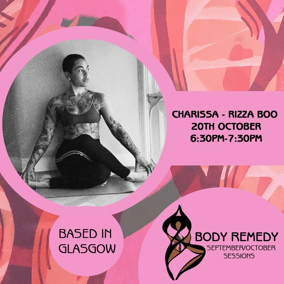 Event flyer with a black and white photo of a woman with tattoos sitting on the floor near a window, surrounded by pink and red abstract floral designs, advertising a Body Remedy session with Charissa Rizza Boo on October 20th from 6:30 PM to 7:30 PM
