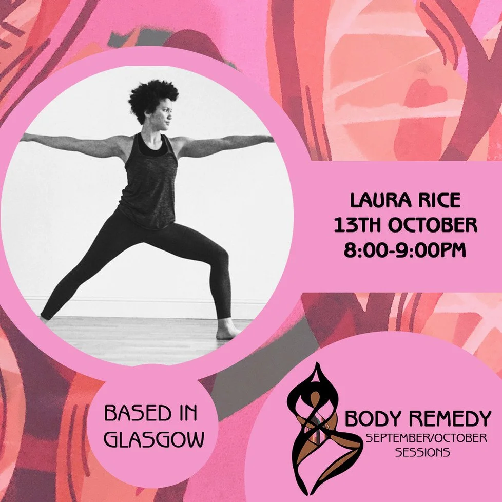 Yoga instructor in yoga pose with arms extended, wearing a sleeveless top and leggings, on a hardwood floor, with event information and a logo on a pink floral background.