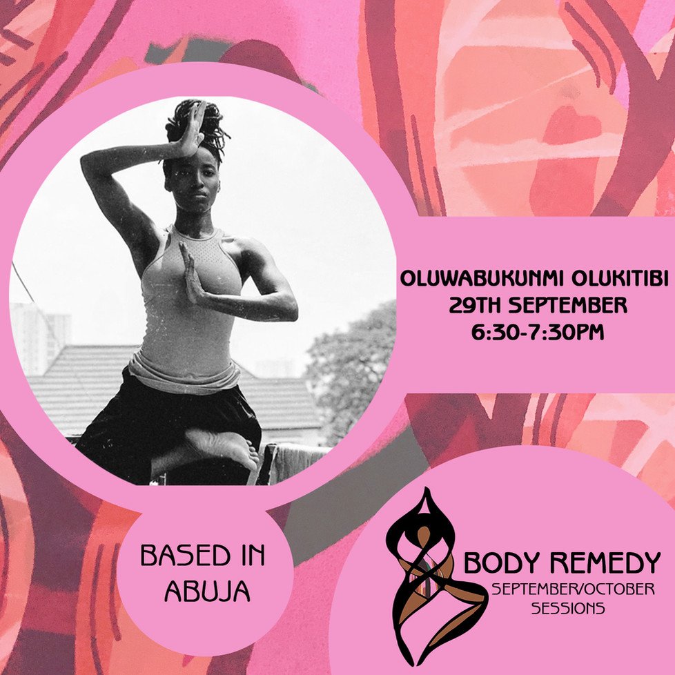 A promotional flyer for a yoga or wellness event featuring a black and white photo of a woman in a yoga pose. The flyer has pink and patterned background elements and includes event details such as date, time, and location. The event is scheduled for
