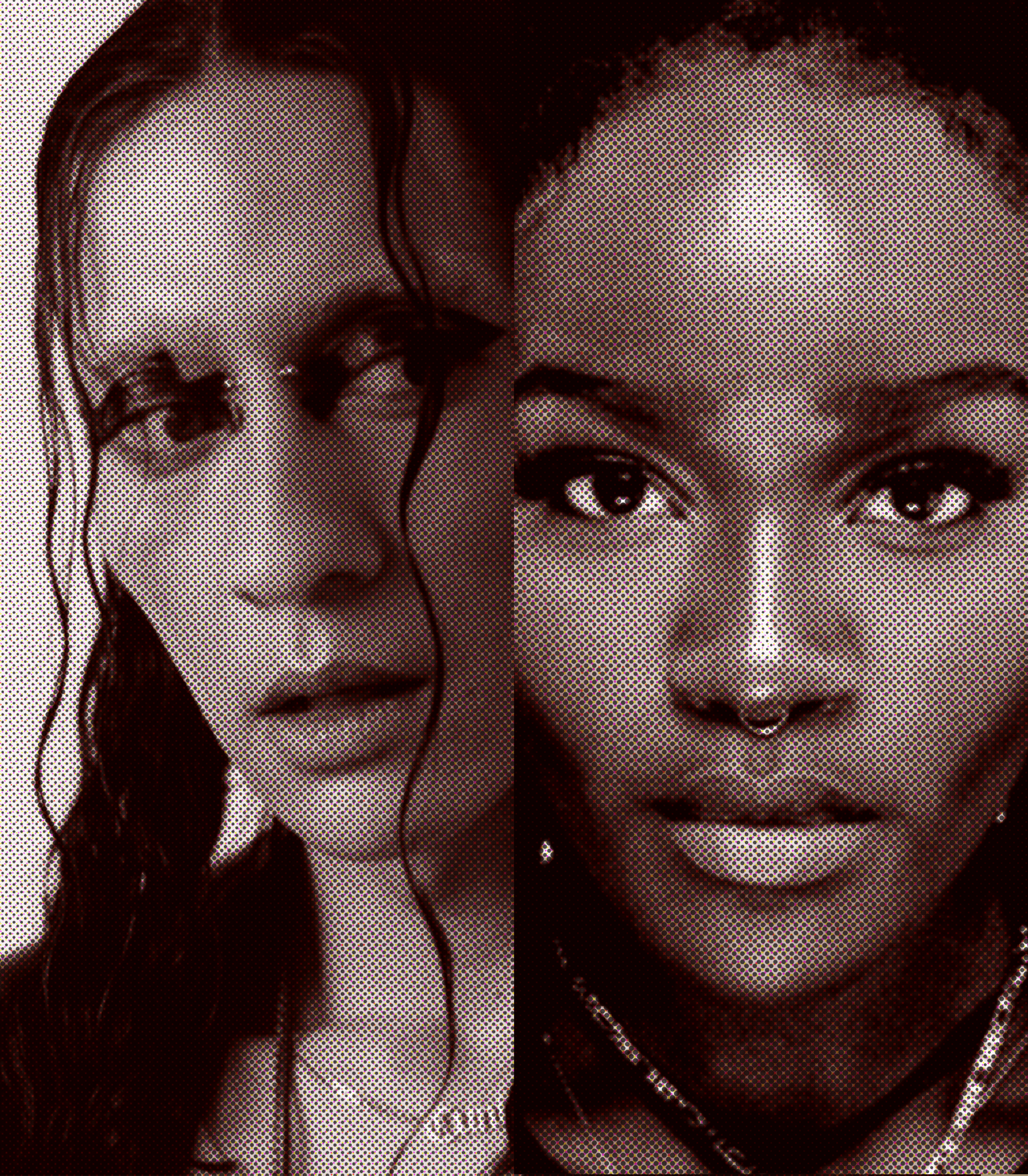 Pop art style black and white portrait of two people with dark hair styled with halftone dots.
